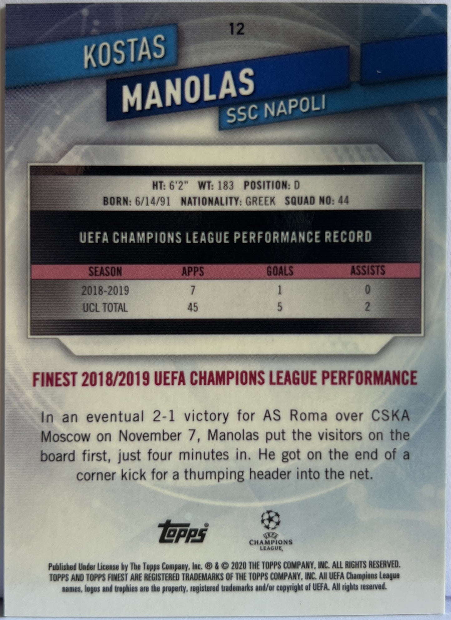 Kostas Manolas 11/99 Green Topps Finest UCL 2019/20