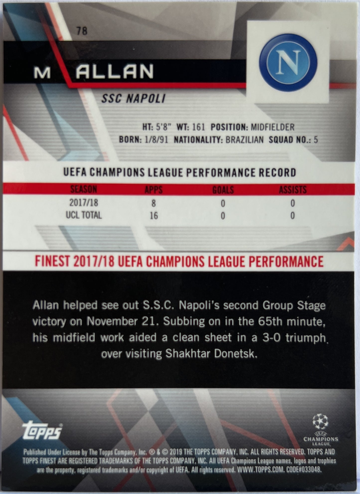 Allan 137/250 Purple Topps Finest UCL 2018/19