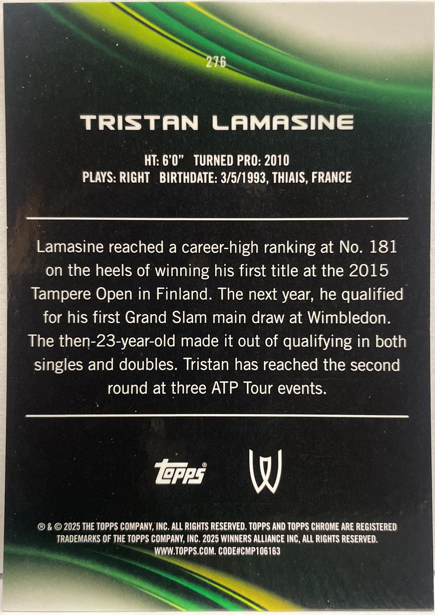 Tristan Lamasine 149/199 1ST Aqua Topps Chrome Tennis 2025