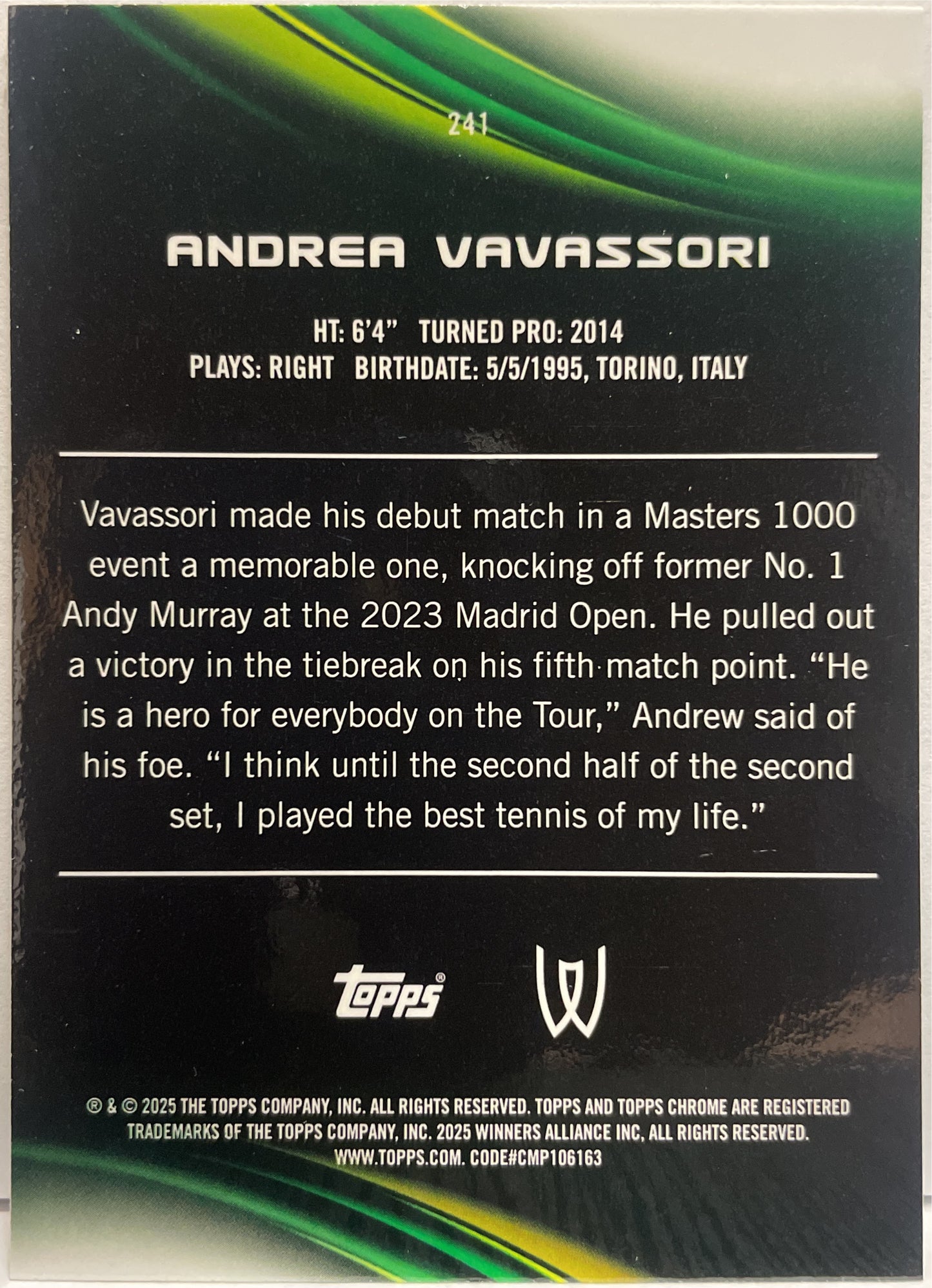 Andrea Vavassori 20/199 1ST Aqua Topps Chrome Tennis 2025