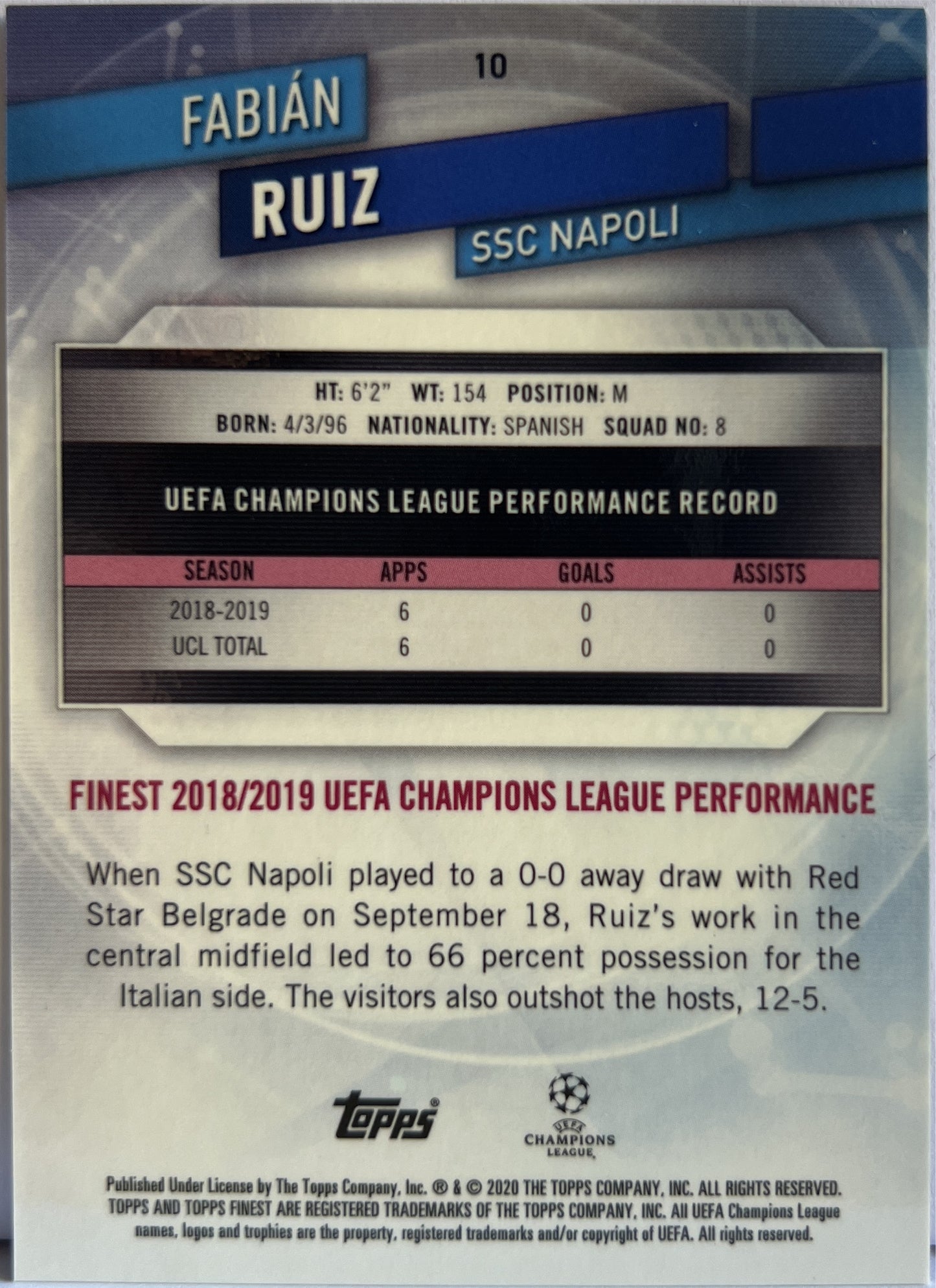Fabian Ruiz 26/250 Purple Topps Finest UCL 2019/20