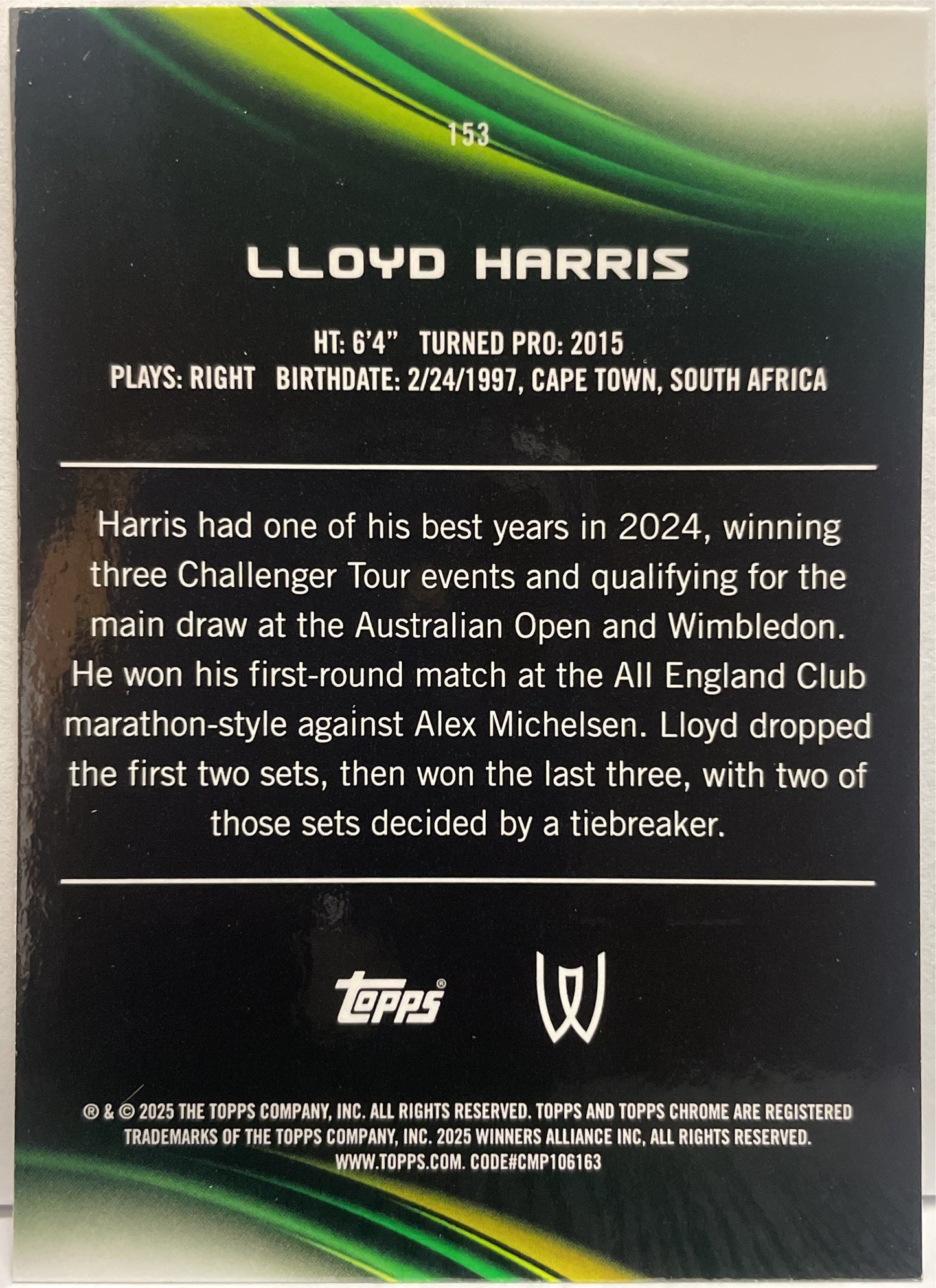Lloyd Harris 20/199 1ST Aqua Topps Chrome Tennis 2025
