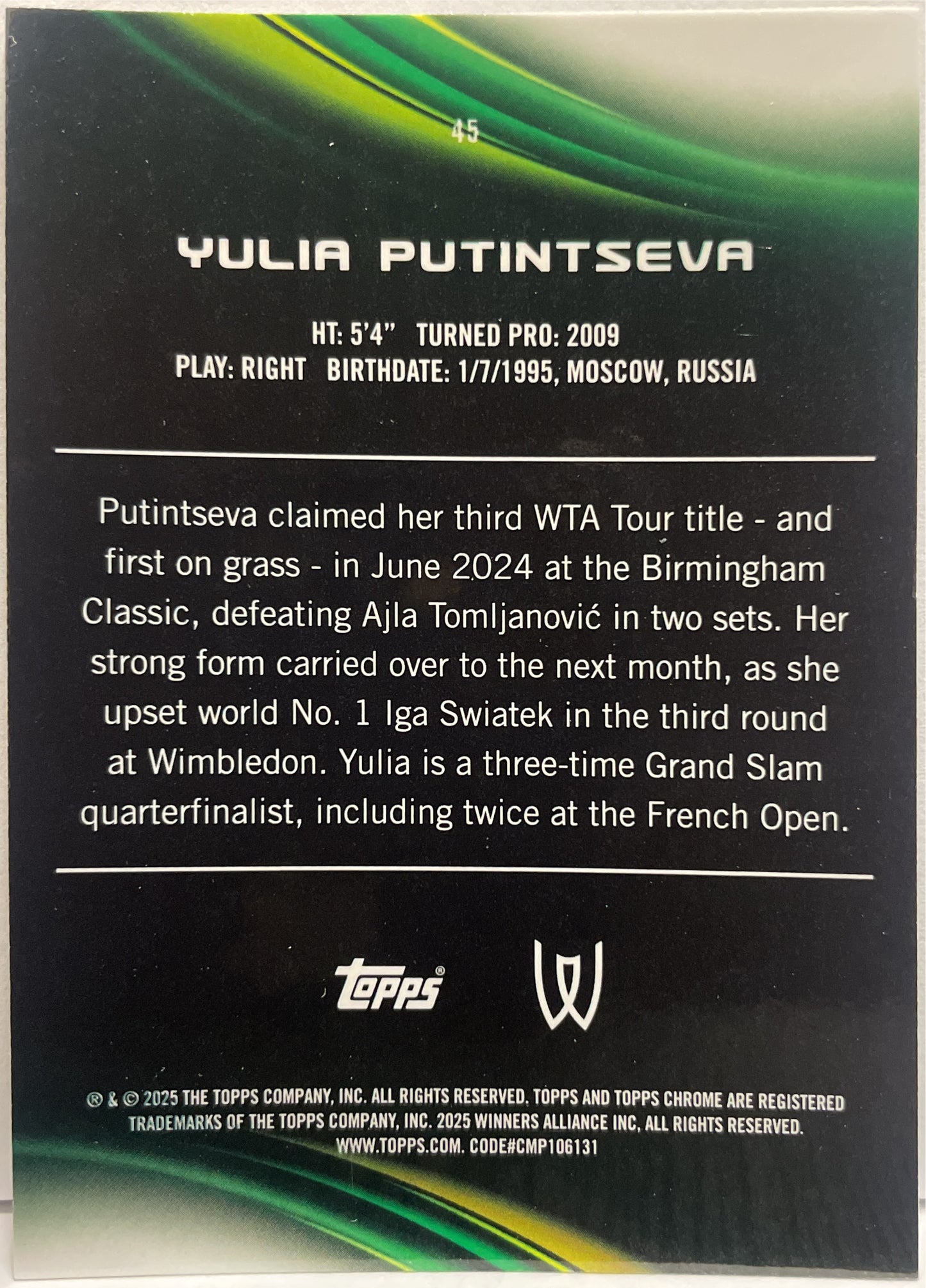Yulia Putintseva 4/199 1ST Aqua Topps Chrome Tennis 2025