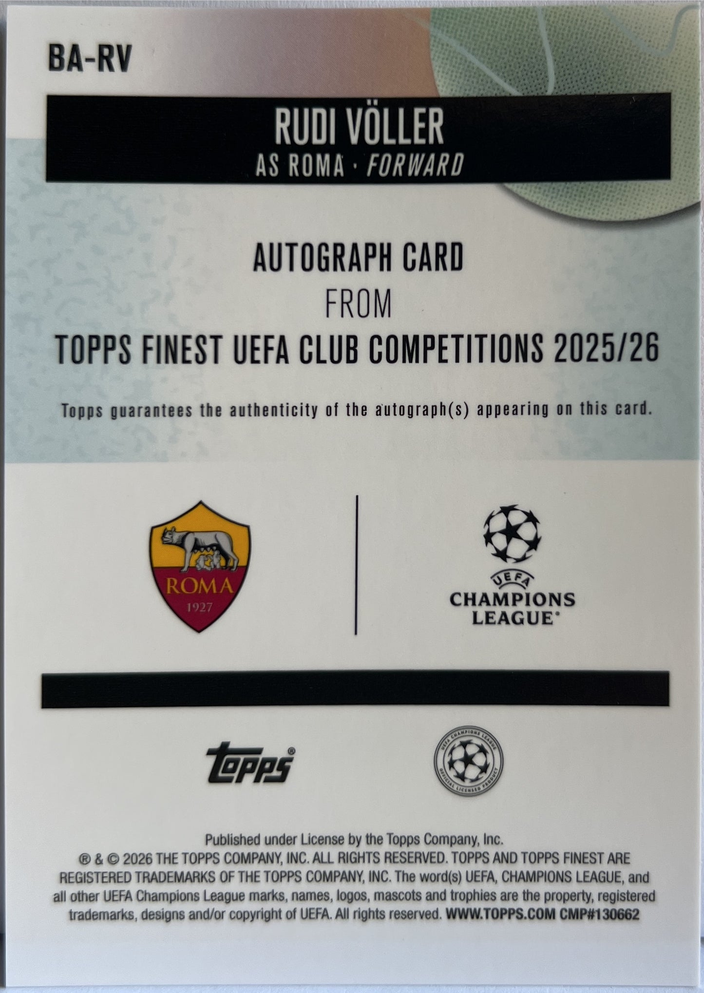 Rudi Voller 25/25 Autograph Orange Topps Finest UCC 2025/26