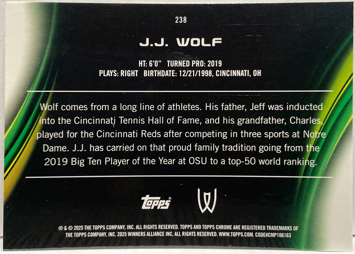 JJ Wolf 172/199 Aqua Topps Chrome Tennis 2025