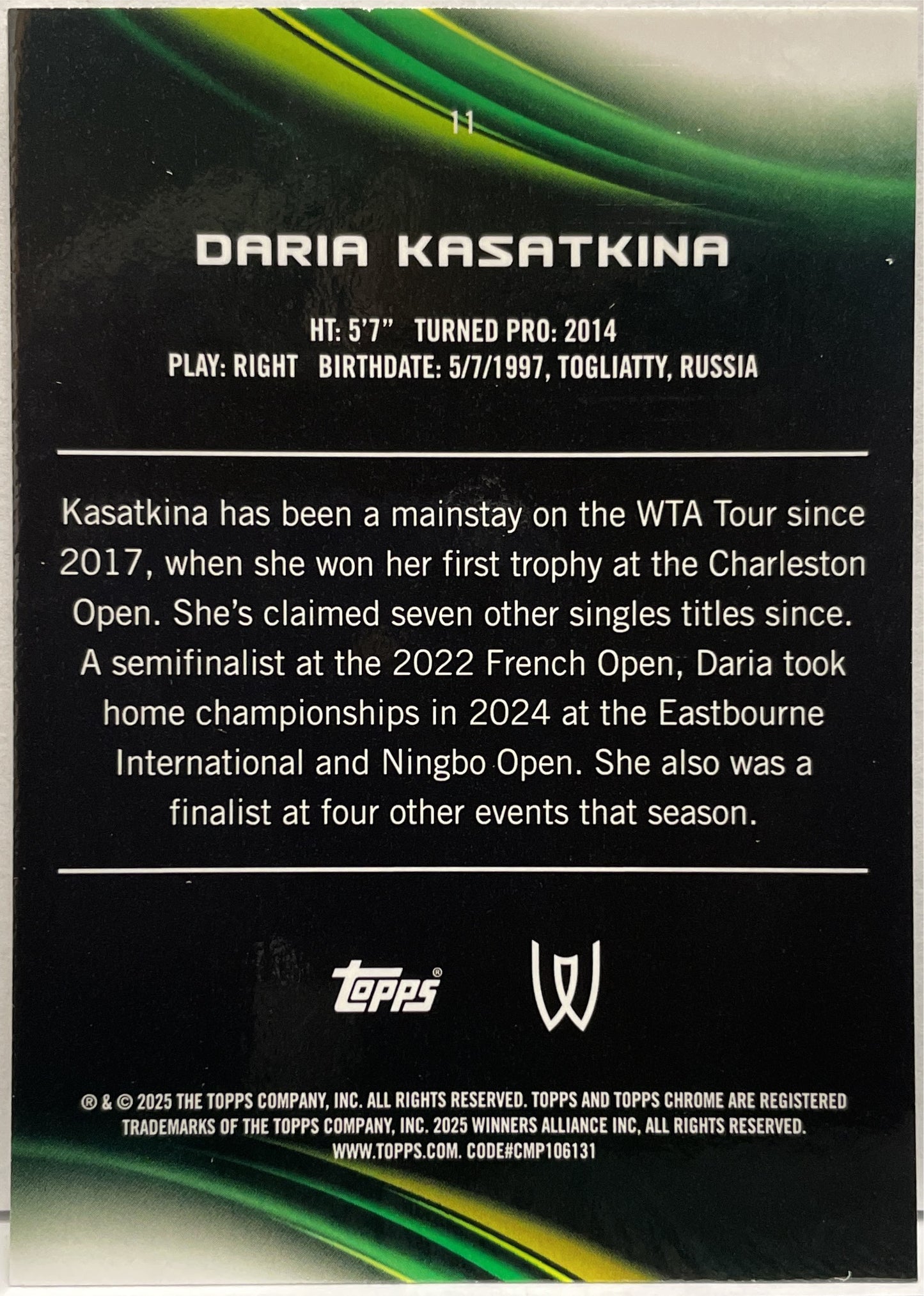 Daria Kasatkina 34/199 Aqua Topps Chrome Tennis 2025