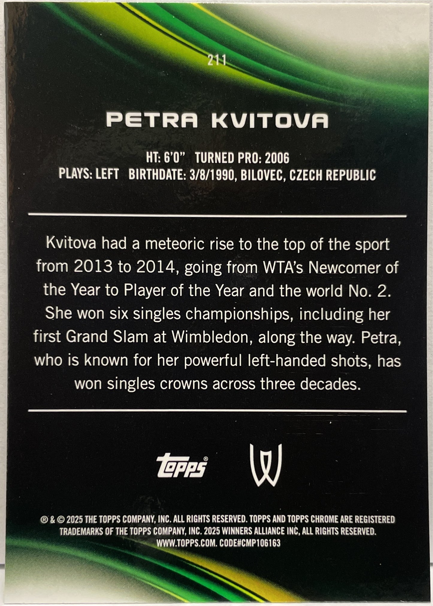 Petra Kvitova 199/199 Aqua Topps Chrome Tennis 2025