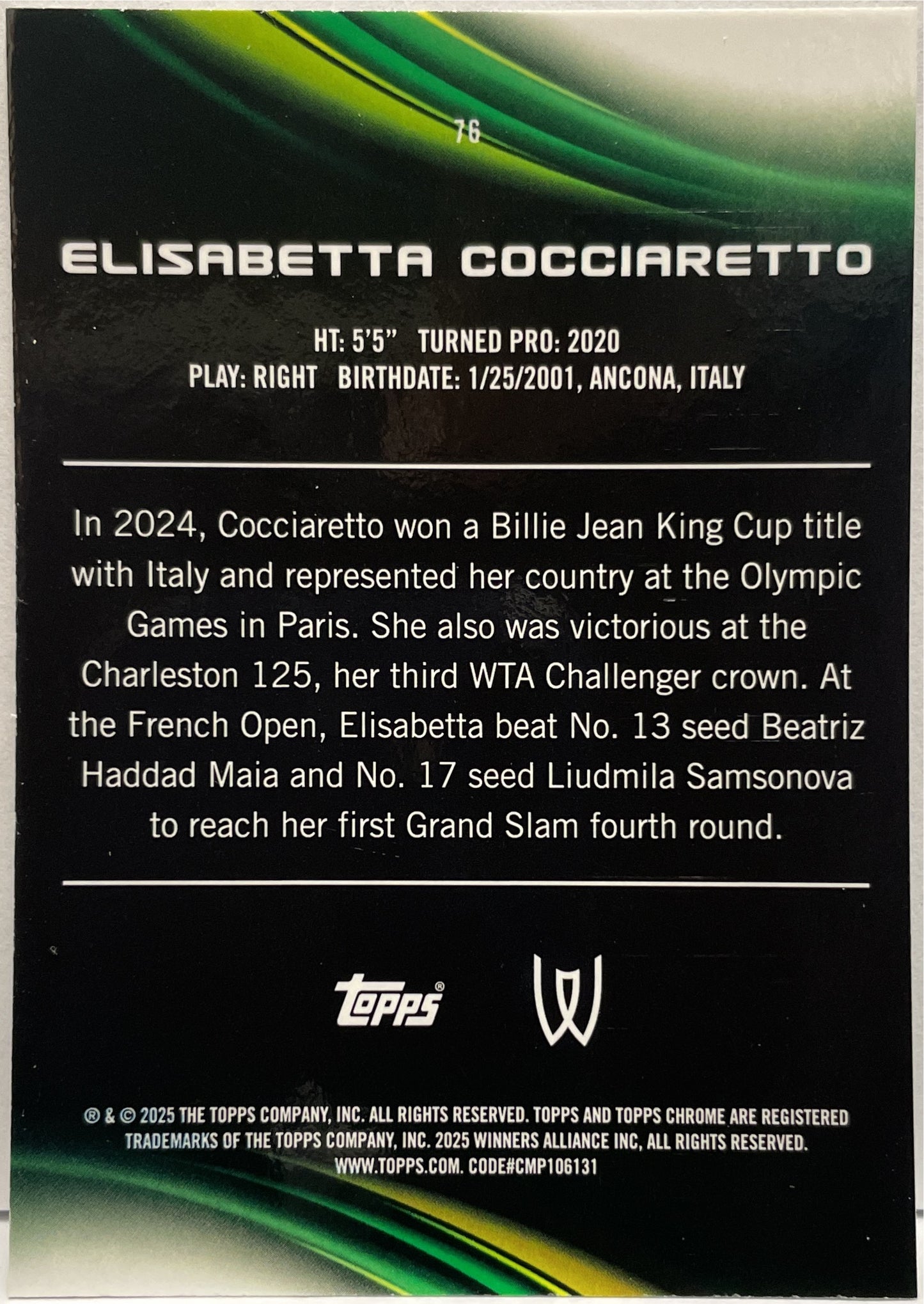 Elisabetta Cocciaretto 26/199 Aqua Topps Chrome Tennis 2025