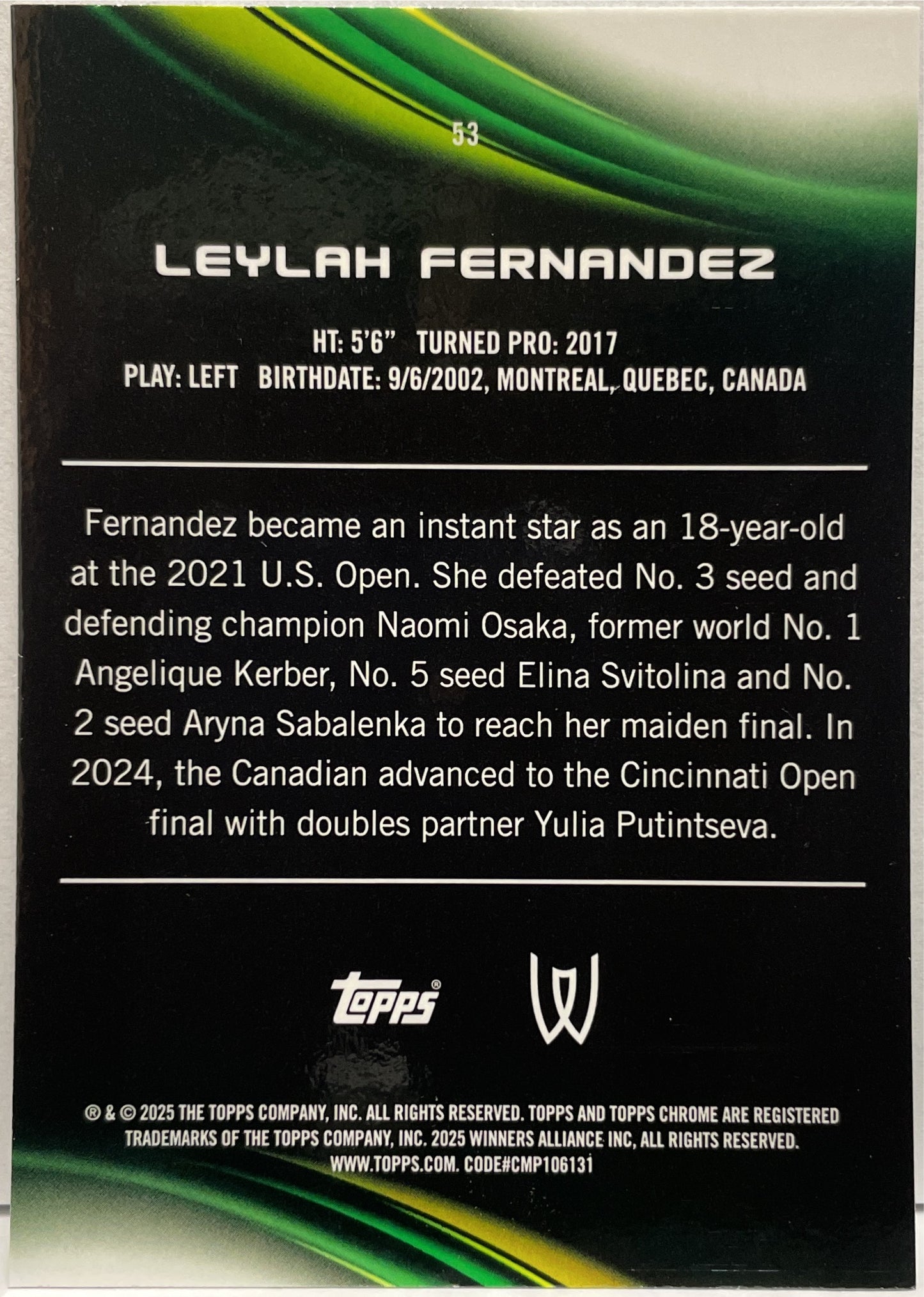 Leylah Fernandez 59/199 Aqua Topps Chrome Tennis 2025