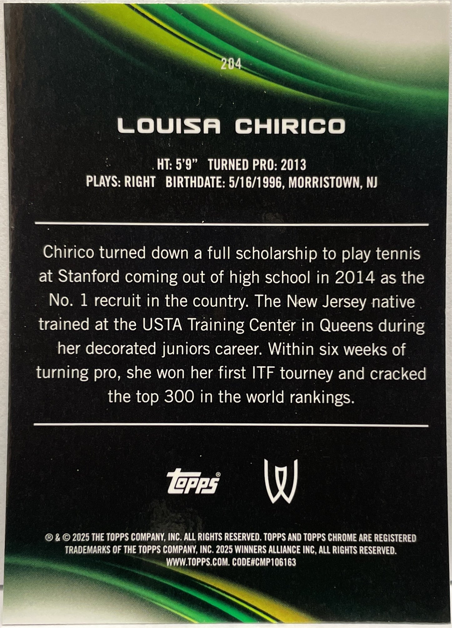 Louisa Chirico 48/199 Aqua Topps Chrome Tennis 2025