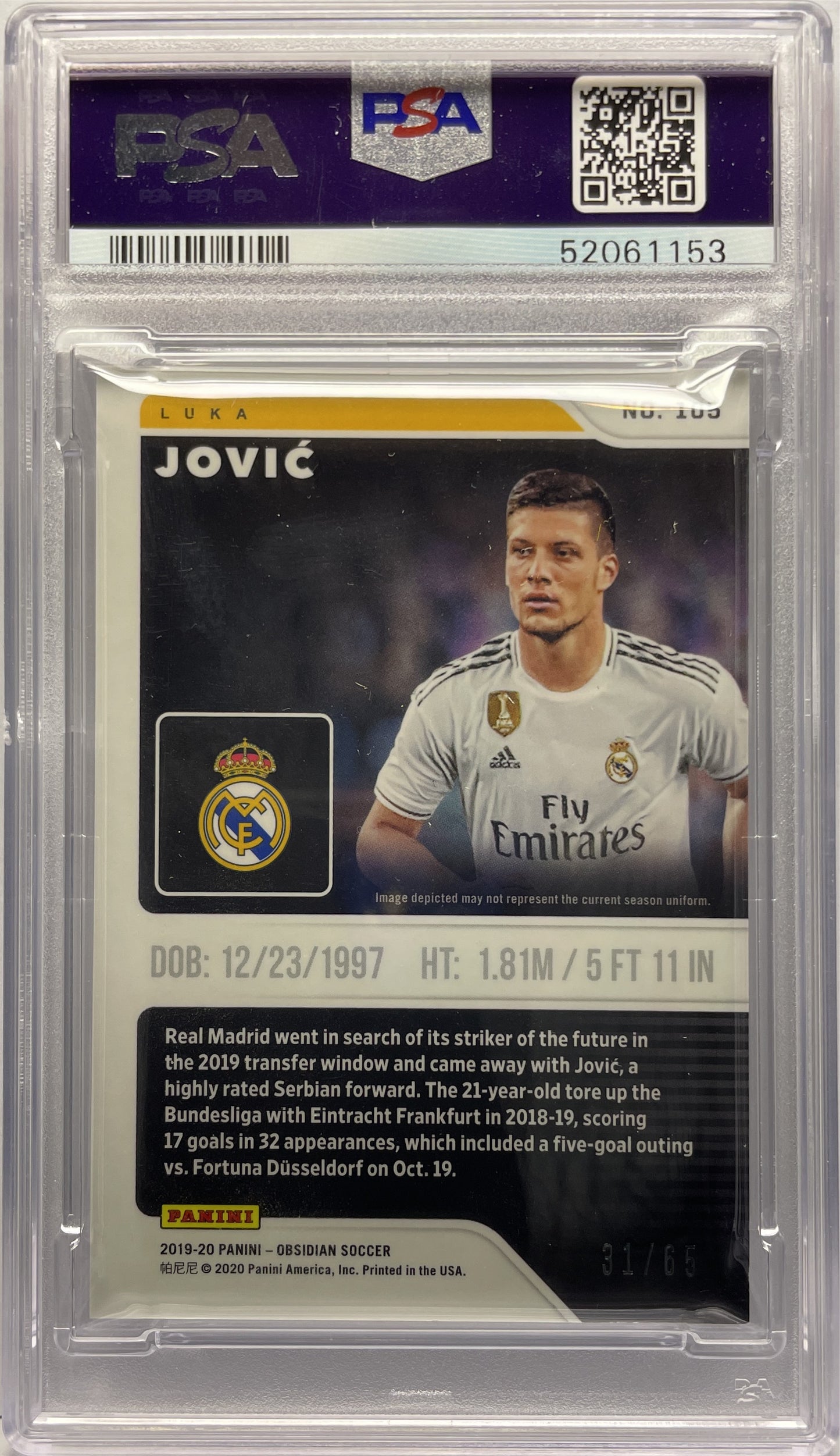 PSA 9 - Luka Jovic 31/65 Rookie Purple - Obsidian 2019/20