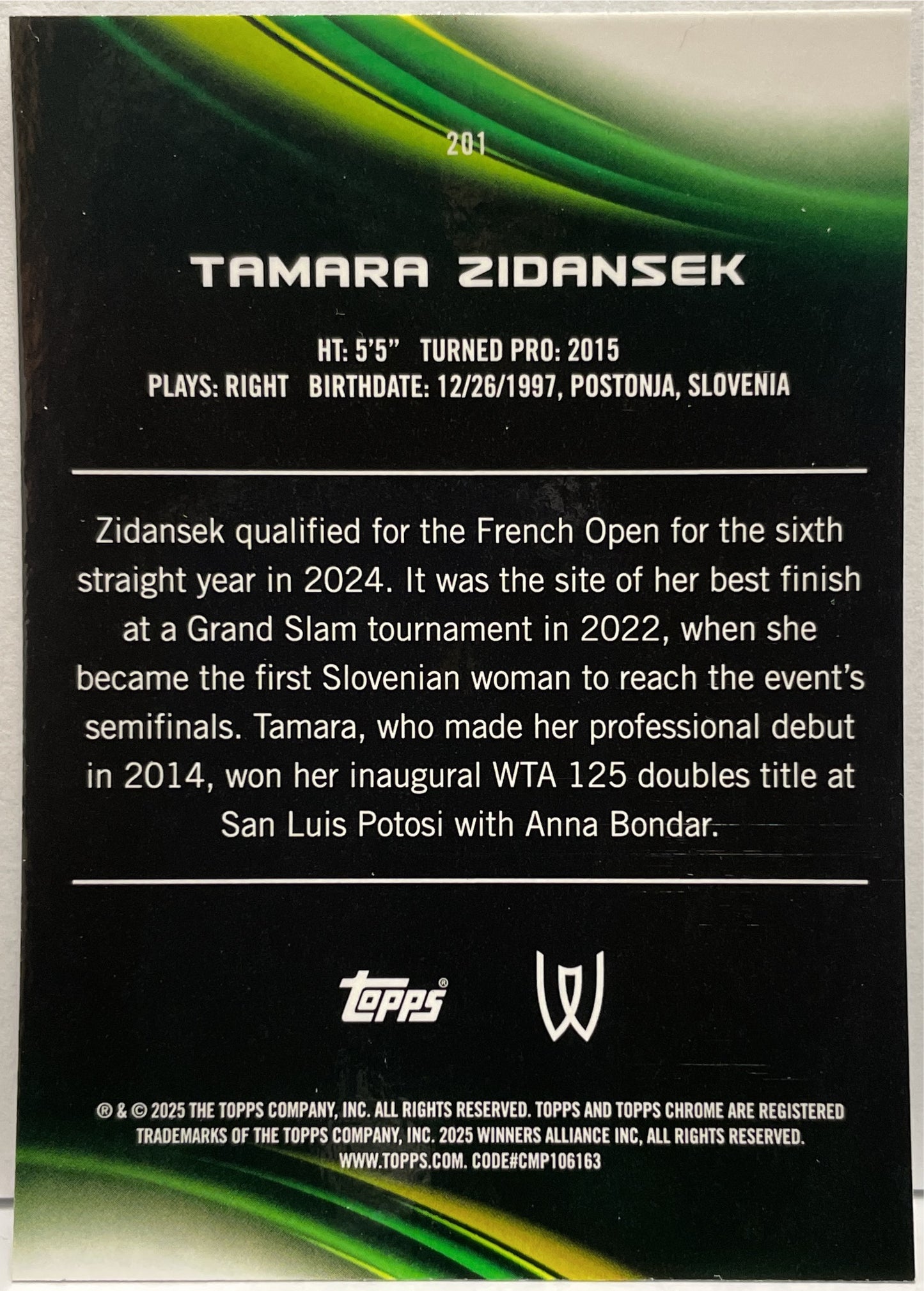 Tamara Zidansek 83/199 Aqua Topps Chrome Tennis 2025
