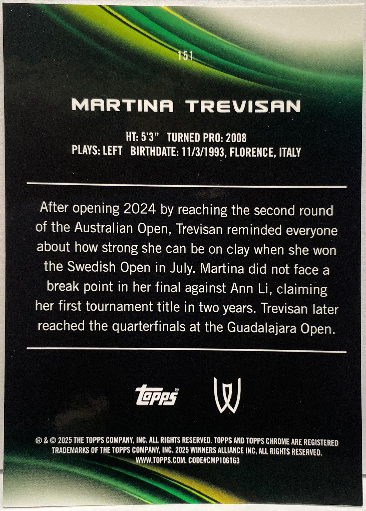 Martina Trevisan 165/199 Aqua Topps Chrome Tennis 2025