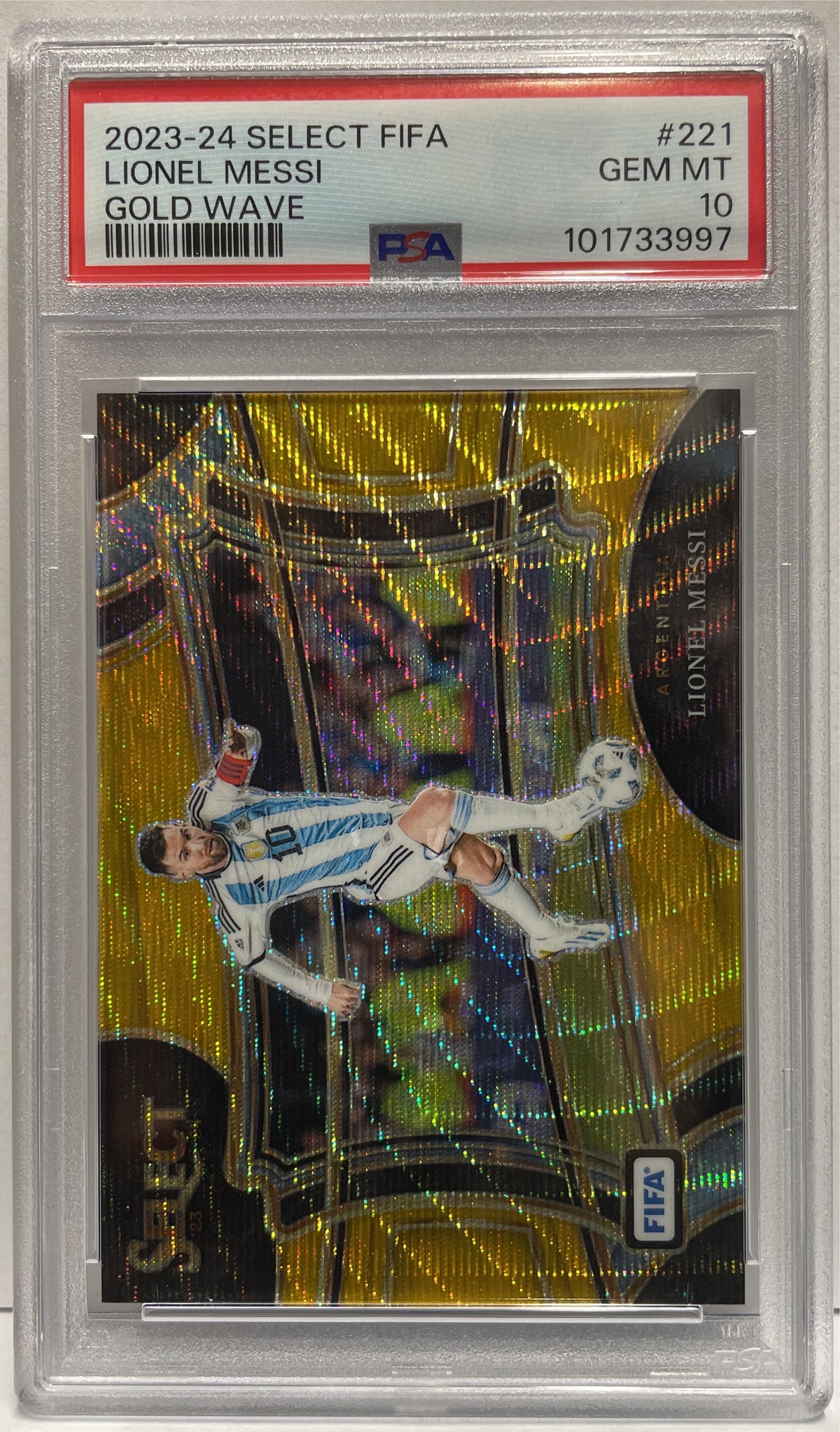 Lionel Messi 8/10 Field Level Gold Wave Panini Select Fifa 2023/24 PSA 10