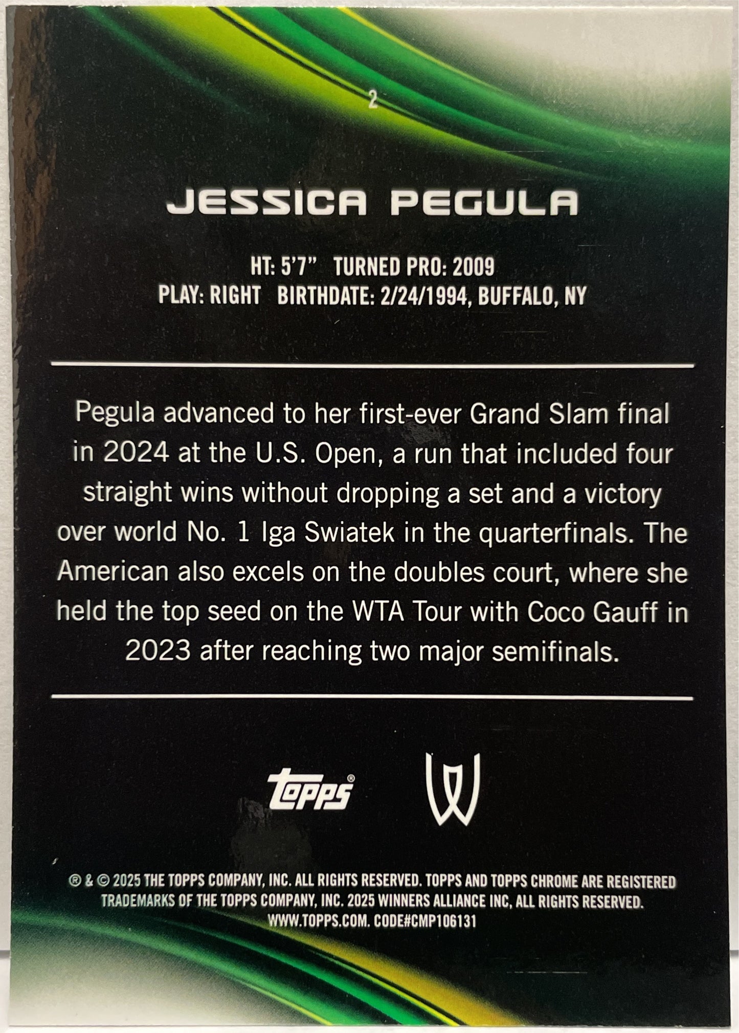 Jessica Pegula 130/199 Aqua Topps Chrome Tennis 2025