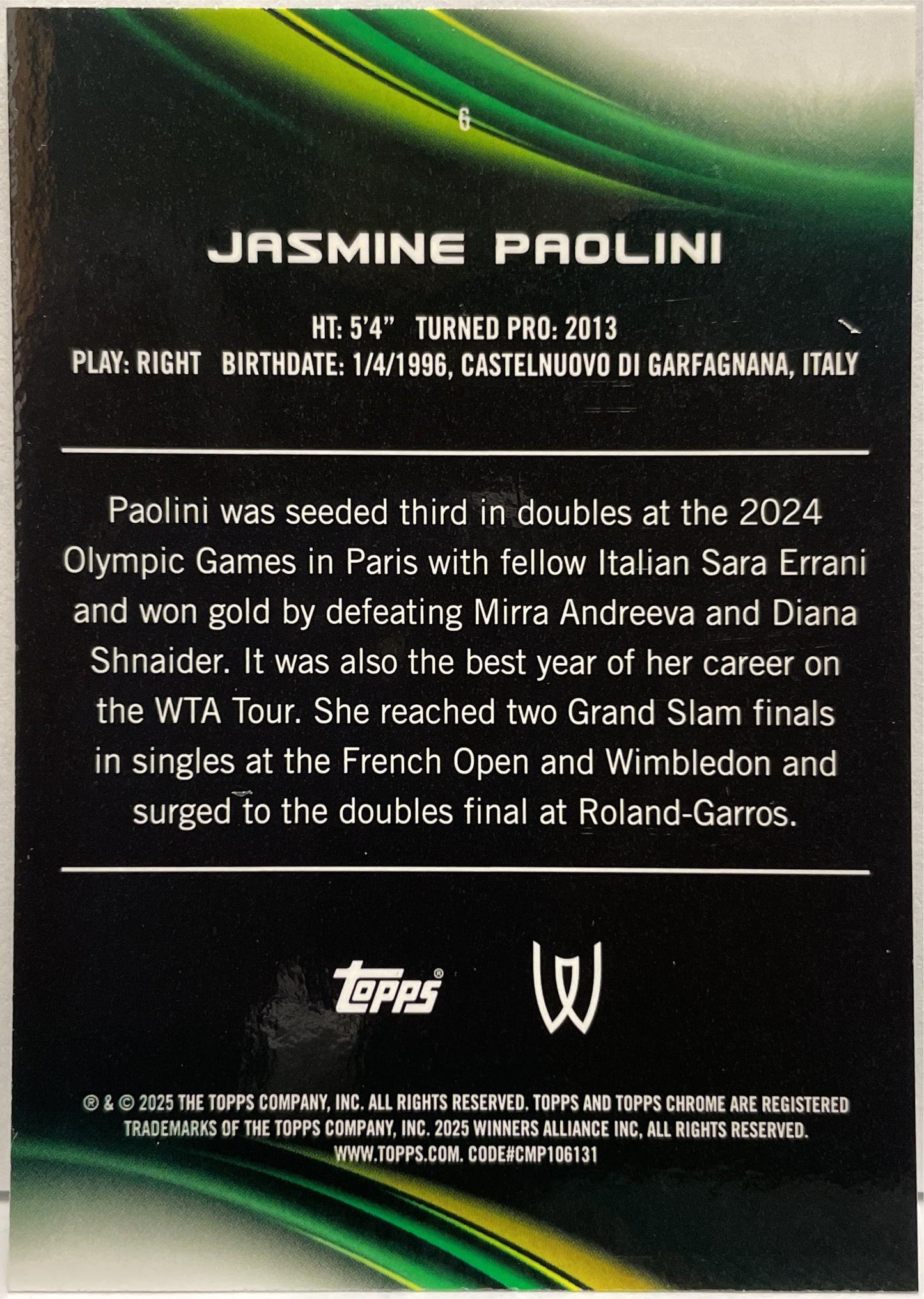 Jasmine Paolini 96/199 Aqua Topps Chrome Tennis 2025