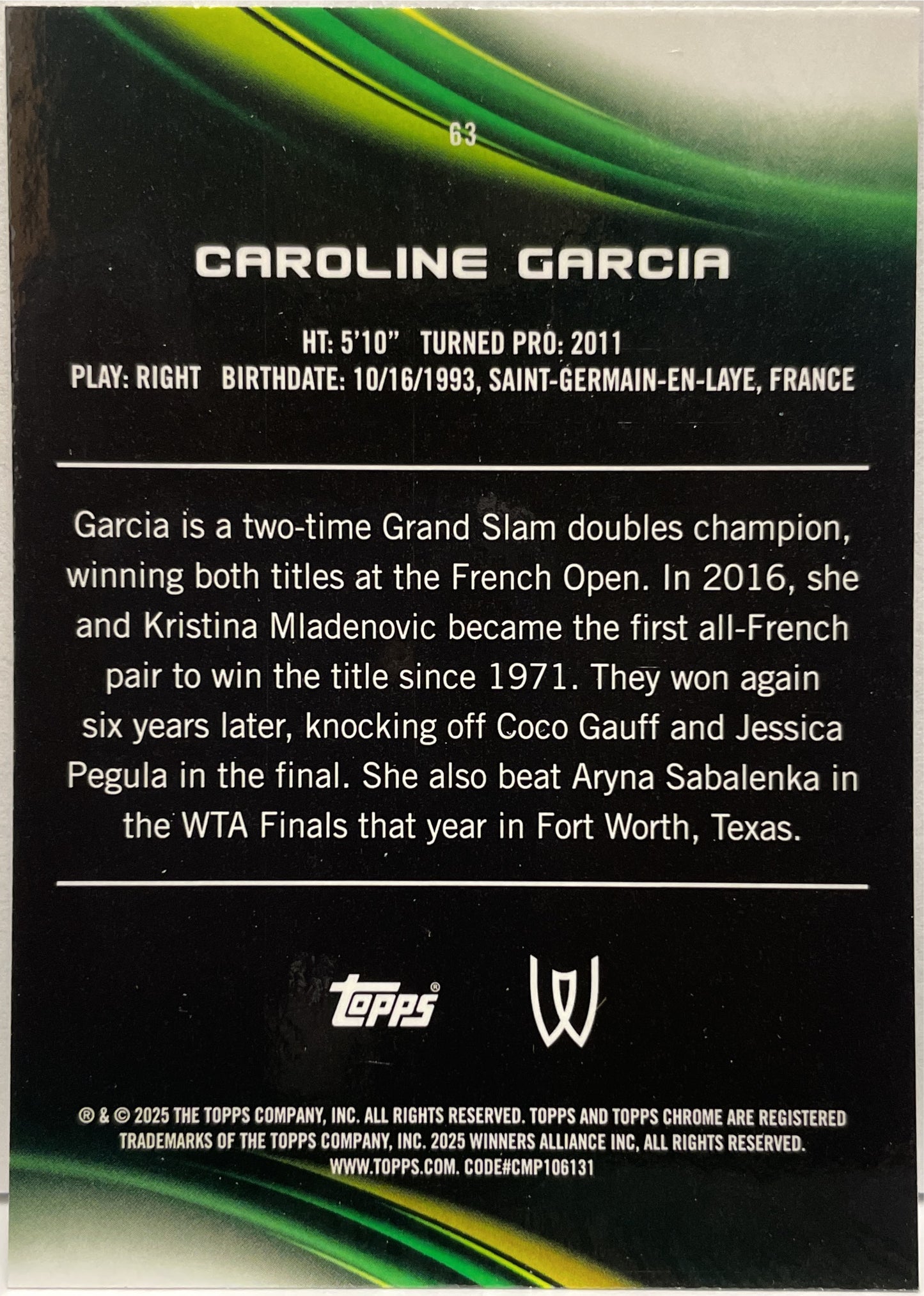 Caroline Garcia 26/199 Aqua Topps Chrome Tennis 2025