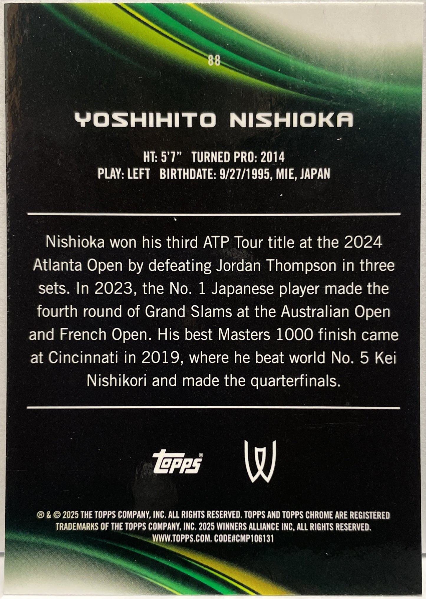 Yoshihito Nishioka 187/199 Aqua Topps Chrome Tennis 2025