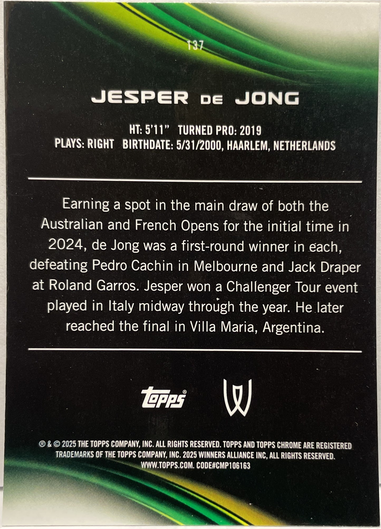Jesper De Jong 76/199 Aqua Topps Chrome Tennis 2025