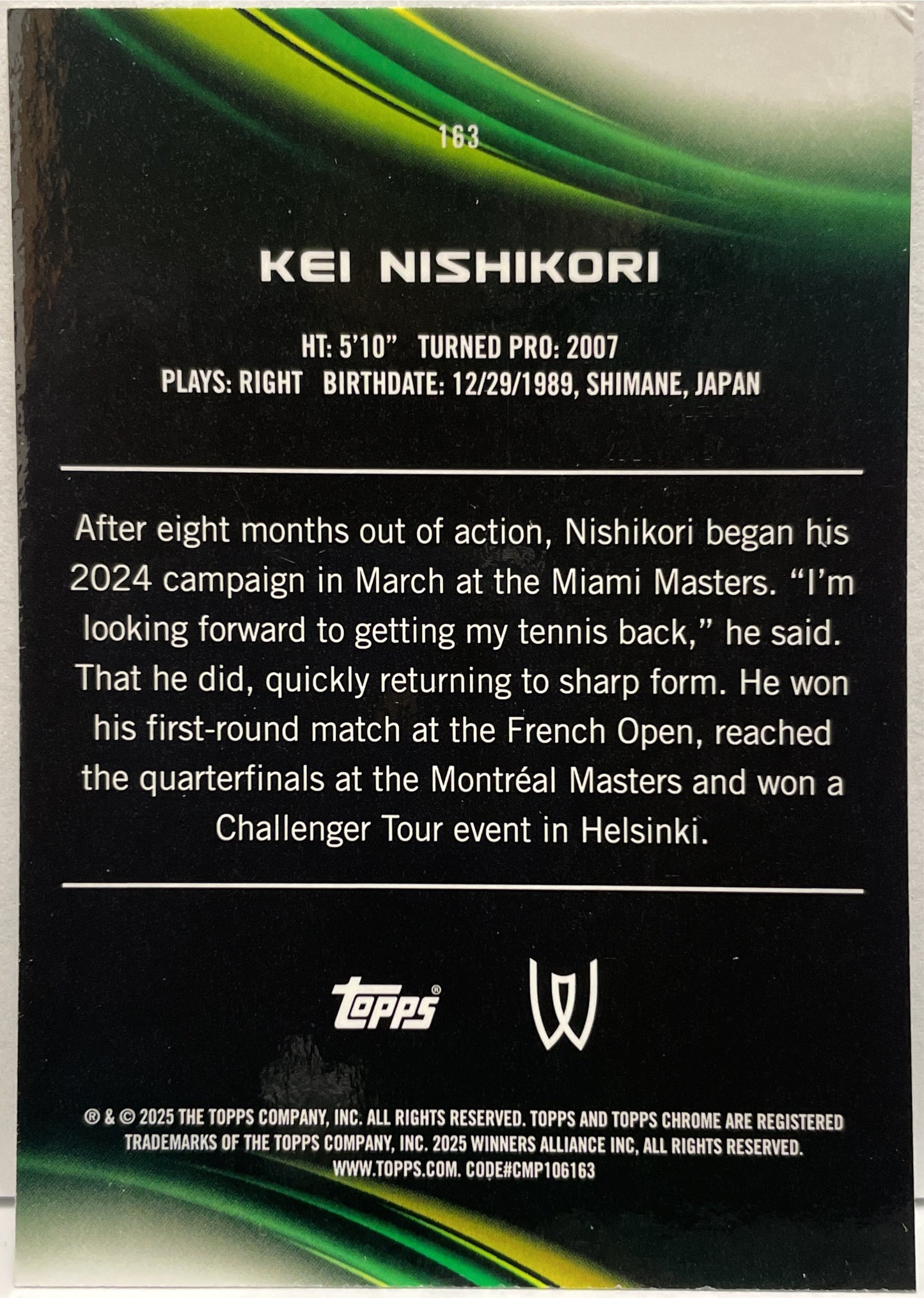 Kei Nishikori 32/199 Aqua Topps Chrome Tennis 2025