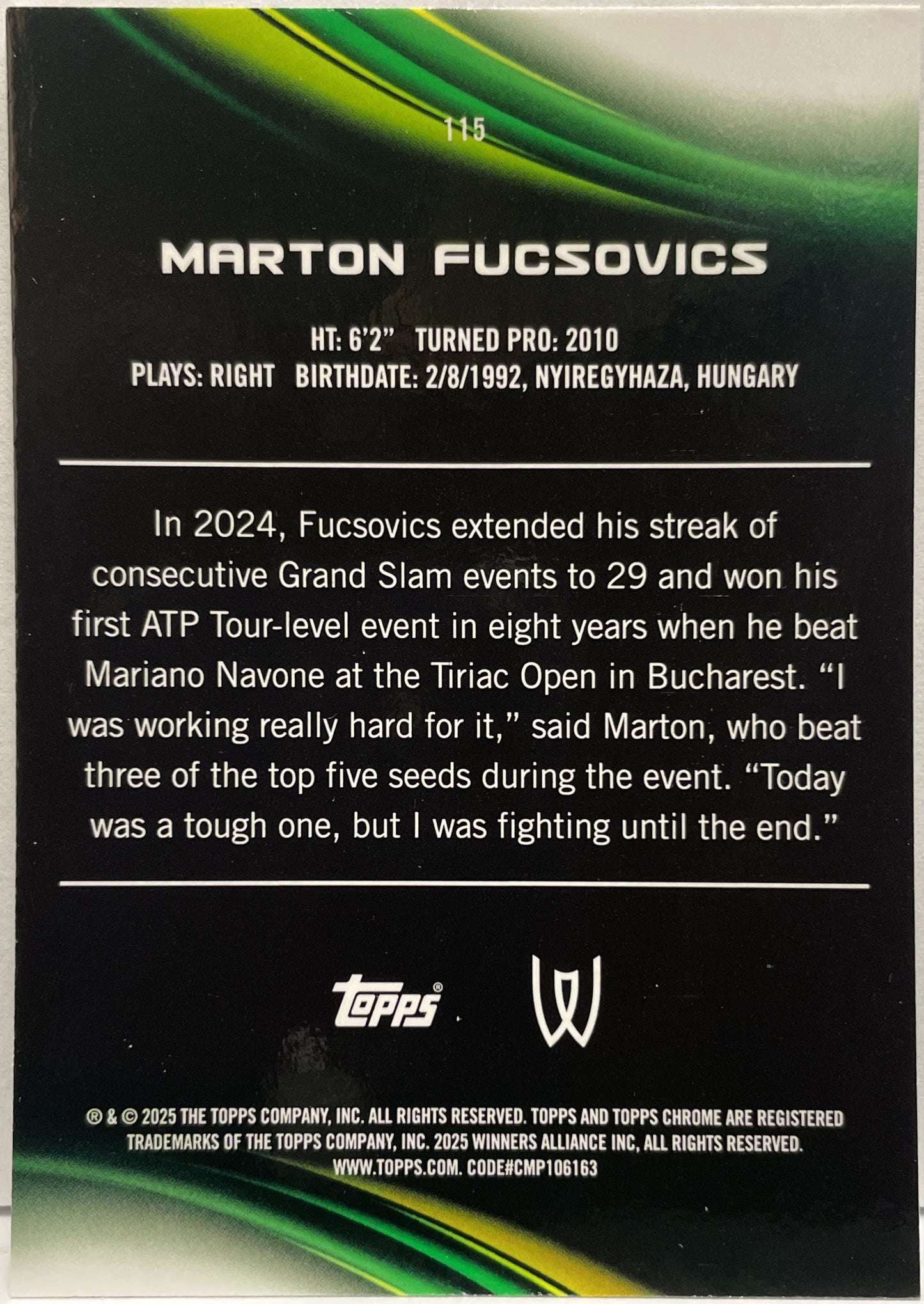 Marton Fucsovics 136/199 Aqua Topps Chrome Tennis 2025