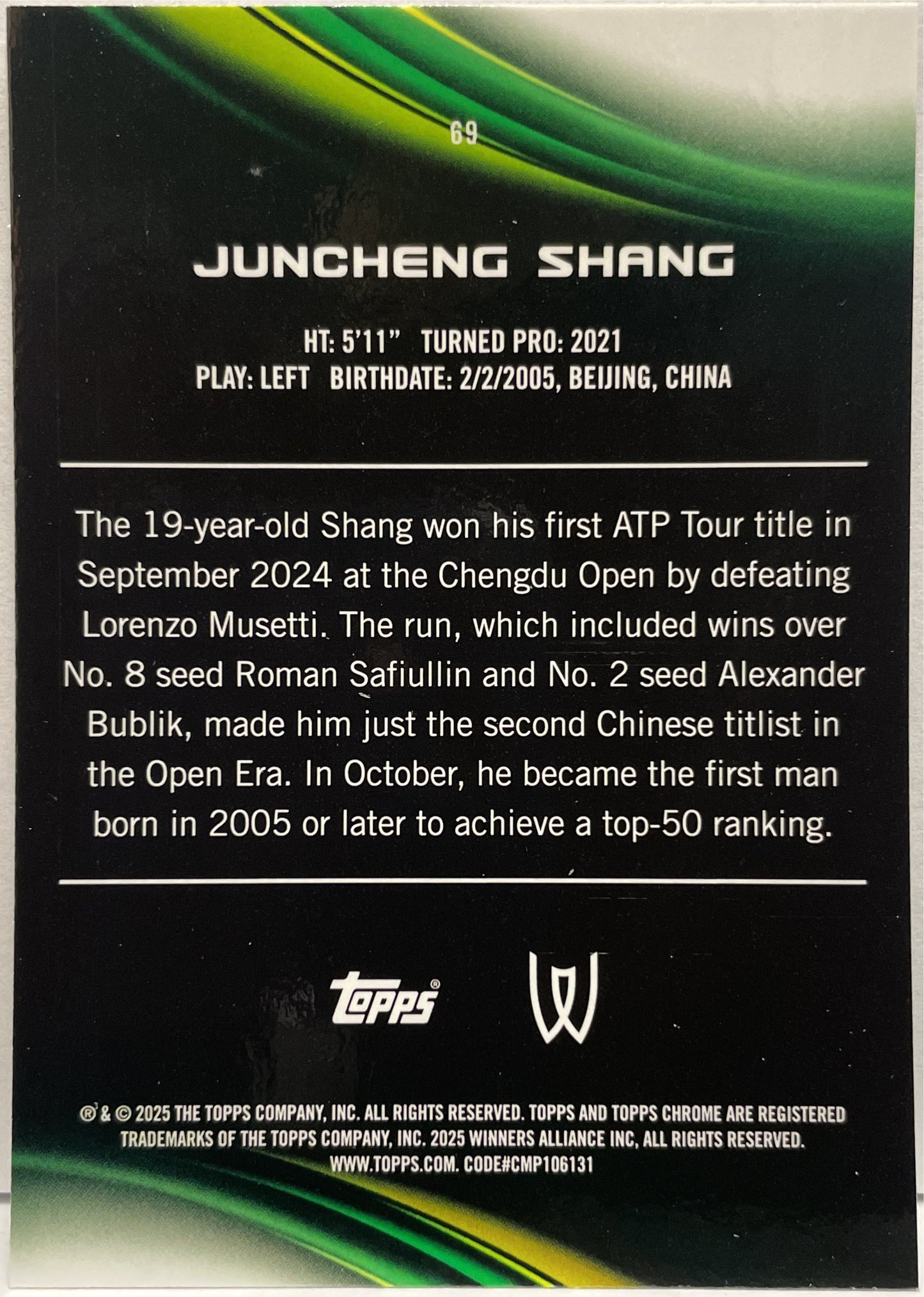 Juncheng Shang 198/199 Aqua Topps Chrome Tennis 2025