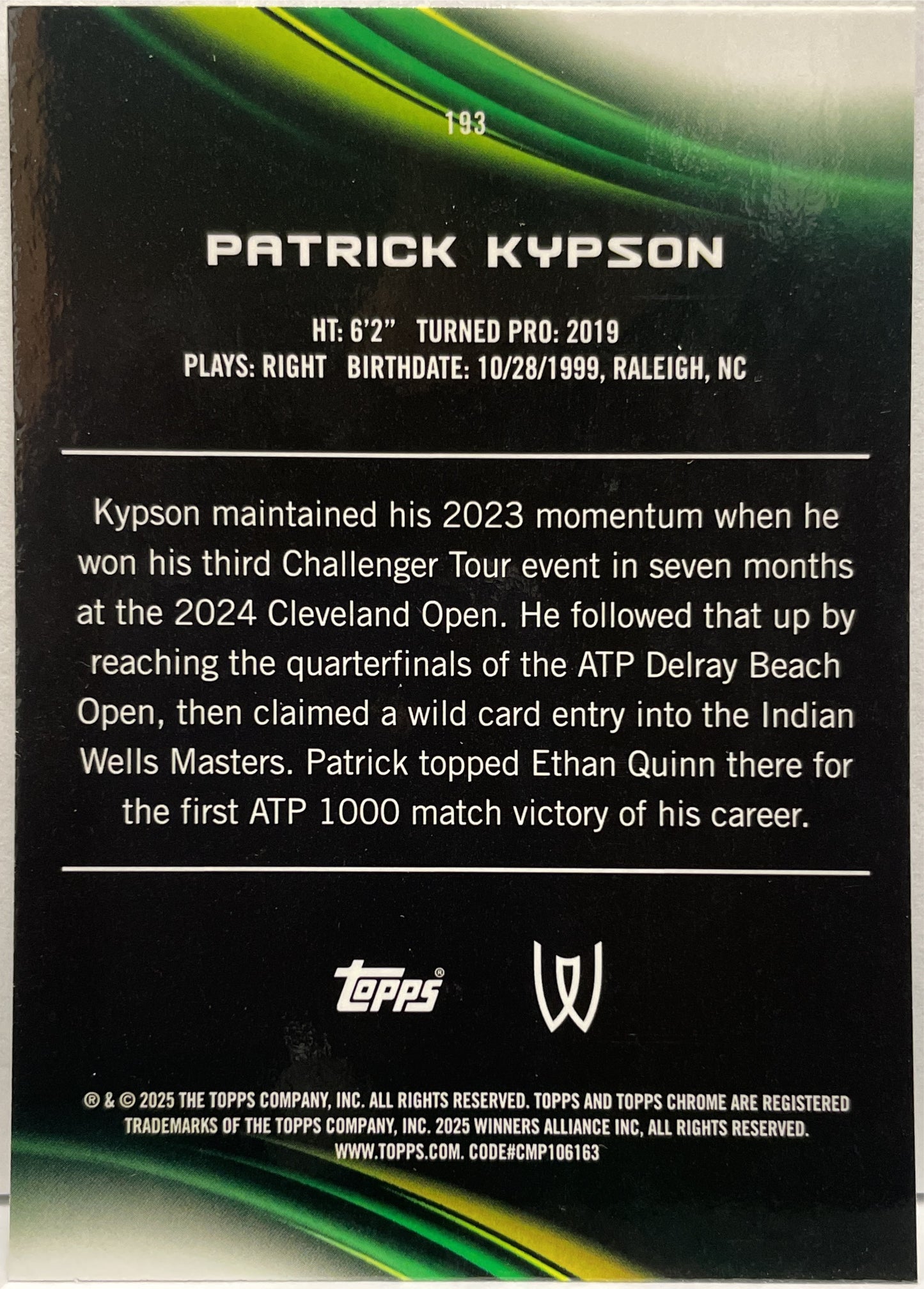 Patrick Kypson 161/199 Aqua Topps Chrome Tennis 2025