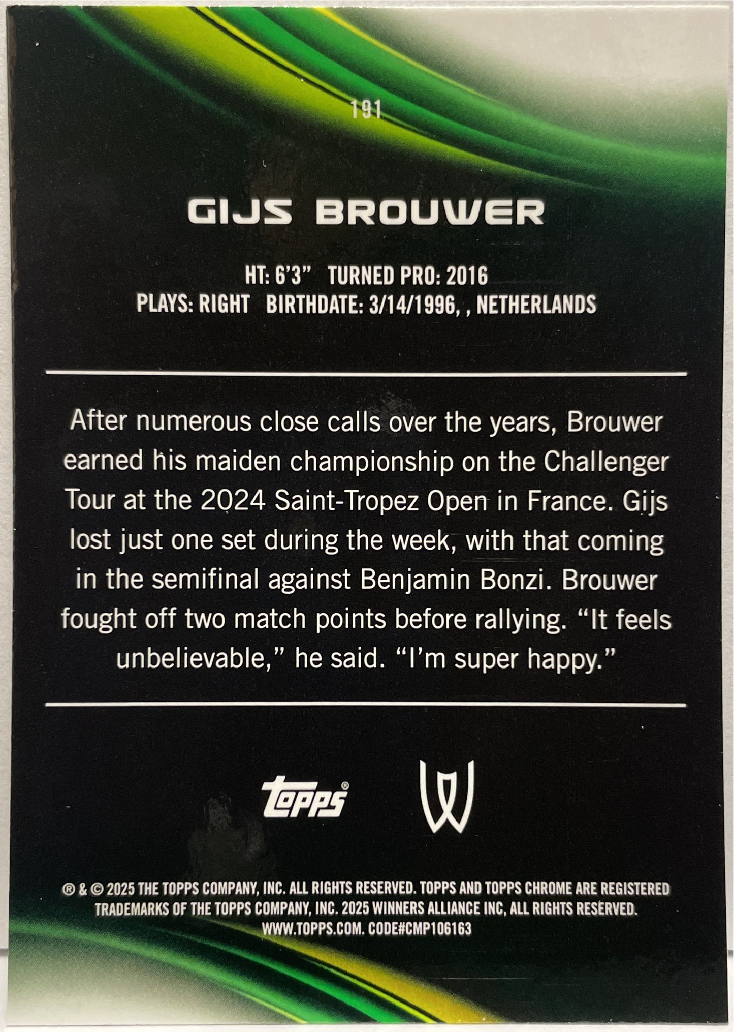 Gijs Brouwer 184/199 Aqua Topps Chrome Tennis 2025