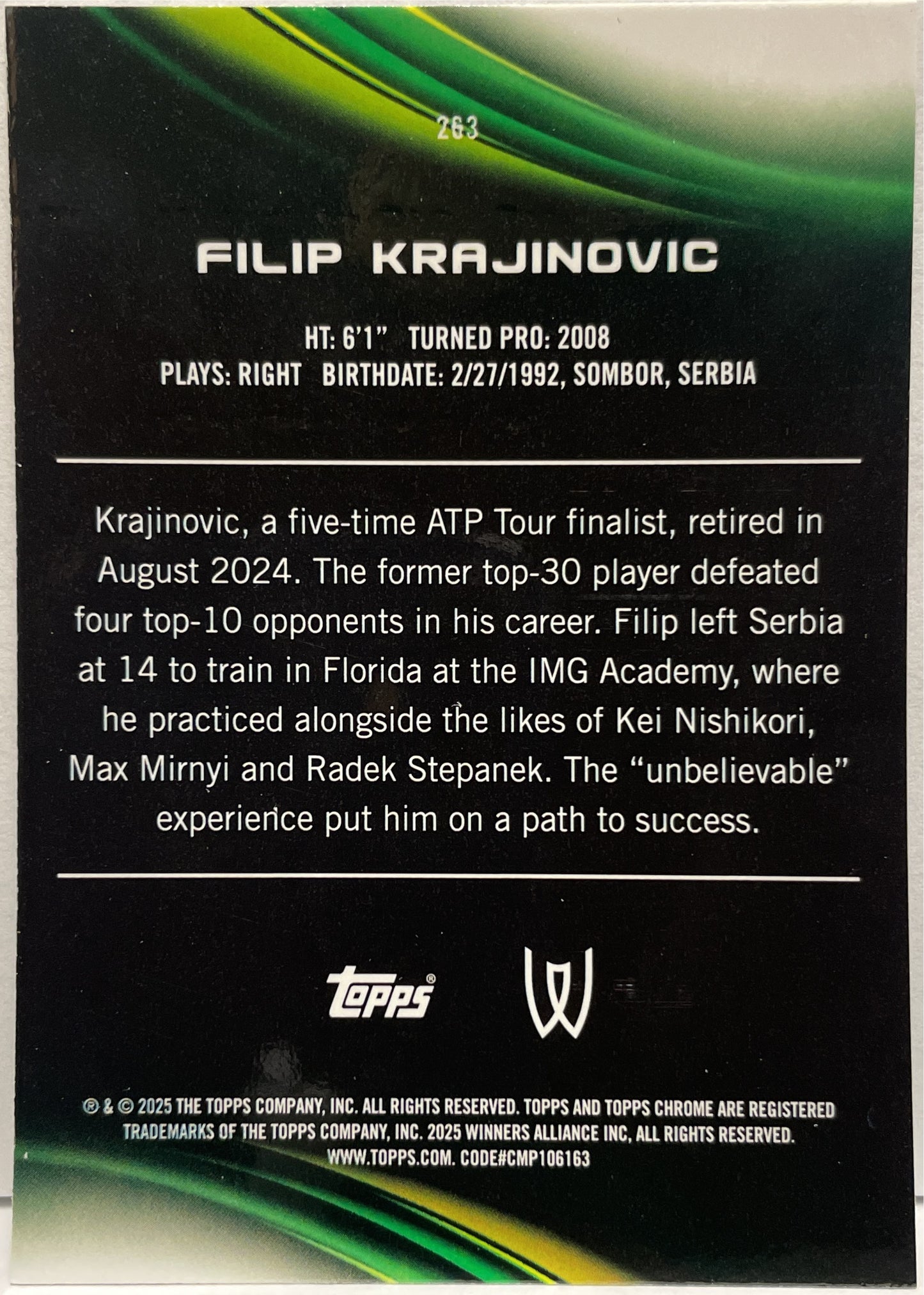 Filip Krajinovic 190/199 Aqua Topps Chrome Tennis 2025