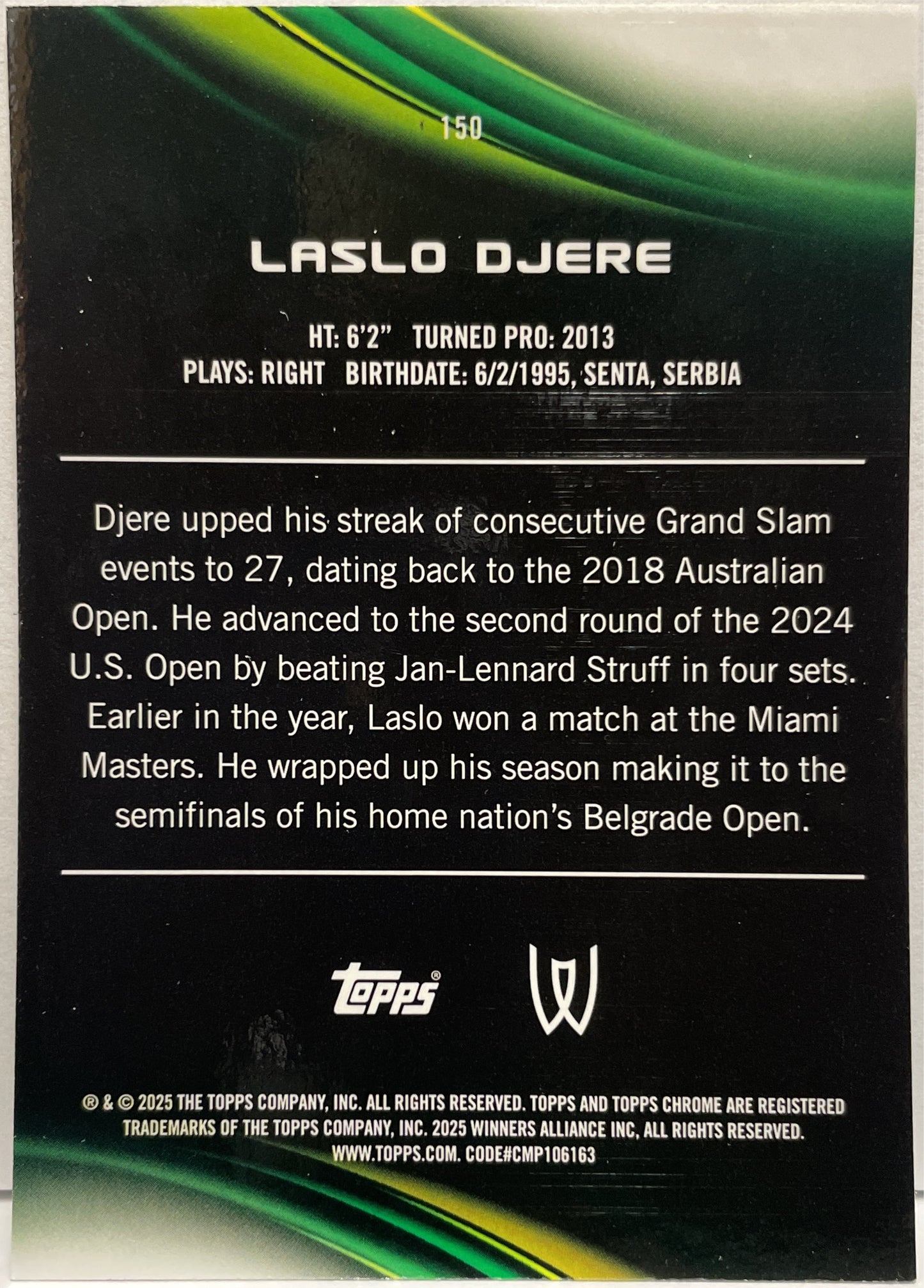 Laslo Djere 65/199 Aqua Topps Chrome Tennis 2025
