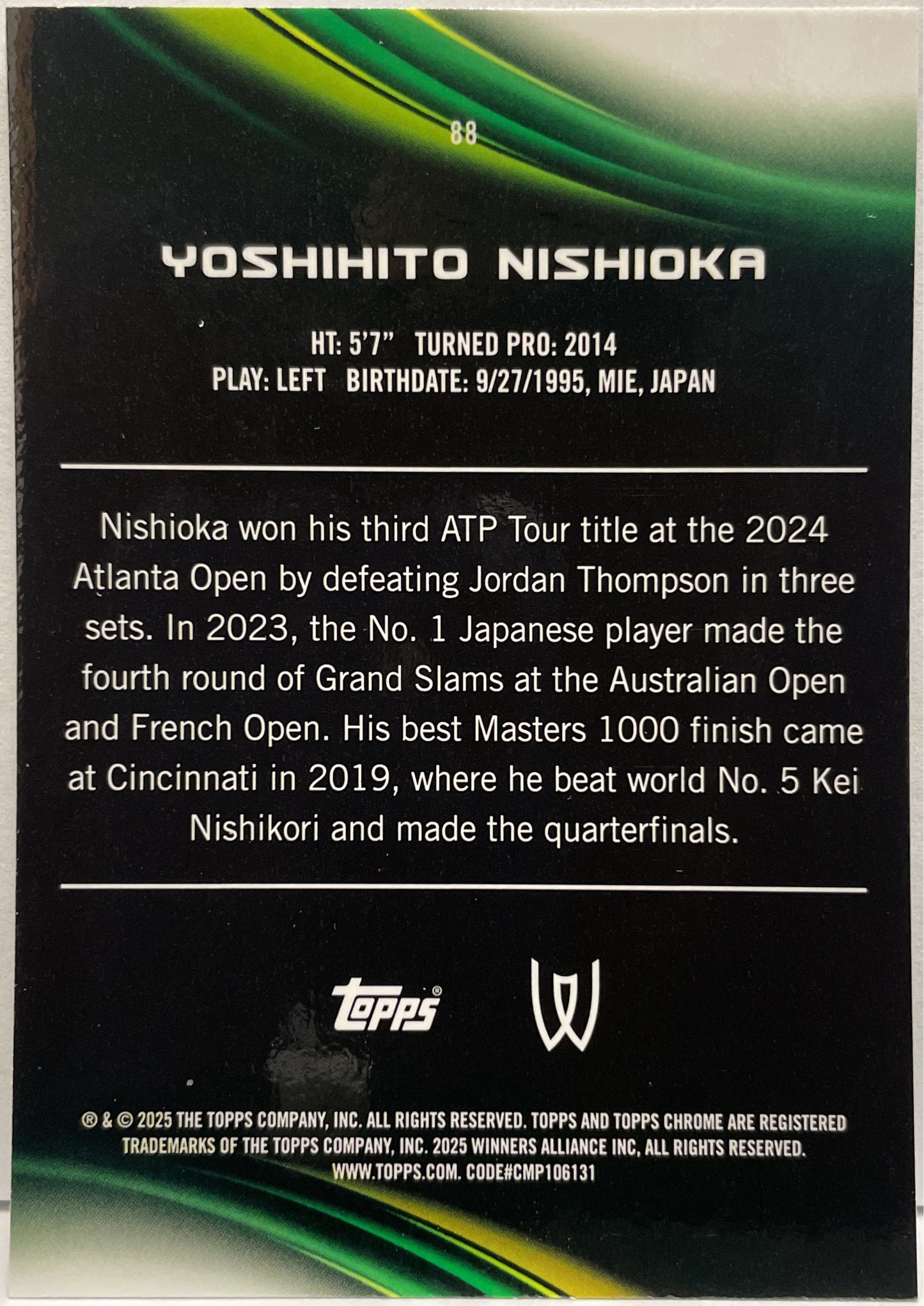Yoshihito Nishioka 121/199 Aqua Topps Chrome Tennis 2025