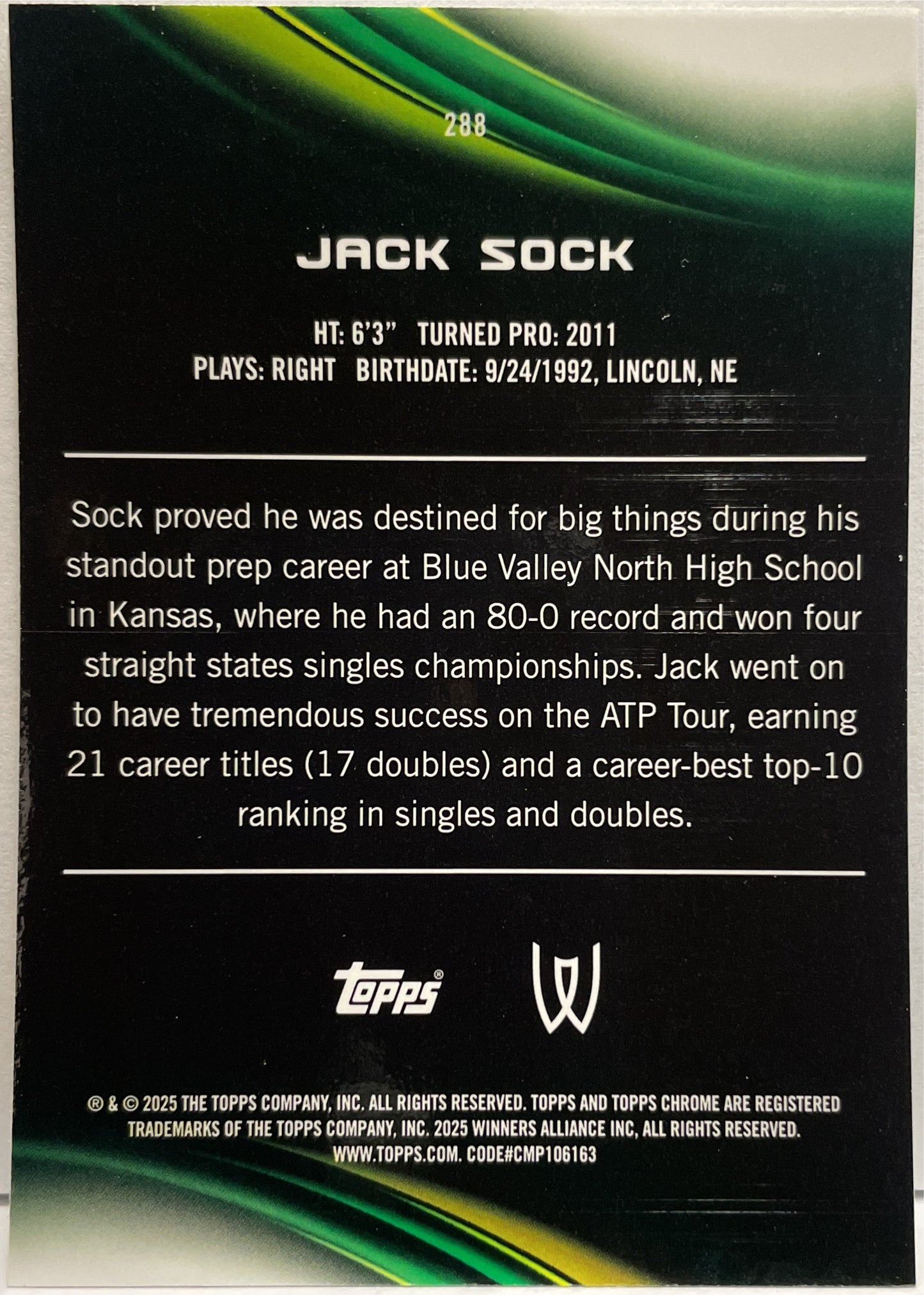 Jack Sock 122/199 Aqua Topps Chrome Tennis 2025