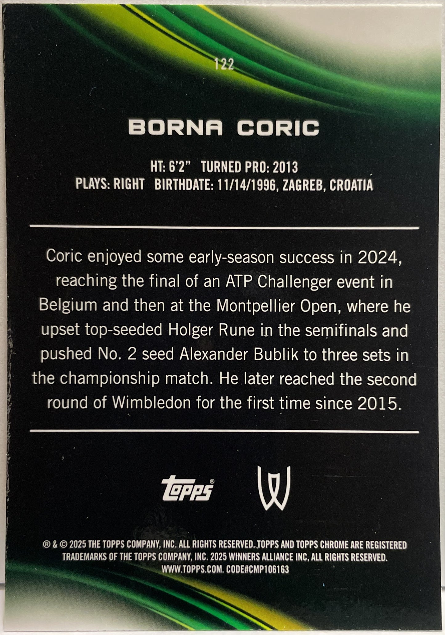 Borna Coric 71/199 Aqua Topps Chrome Tennis 2025