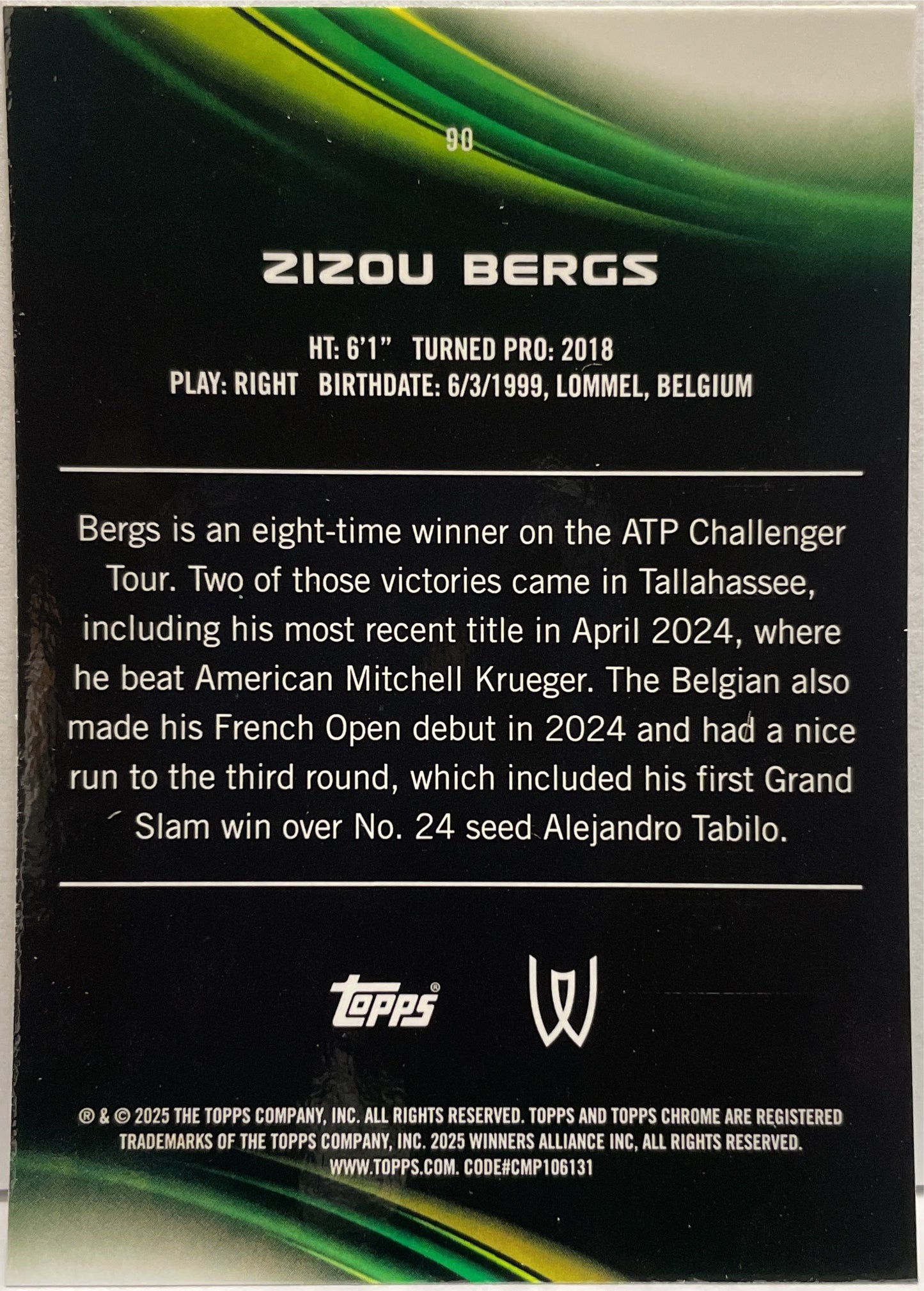 Zizou Bergs 89/199 Aqua Topps Chrome Tennis 2025