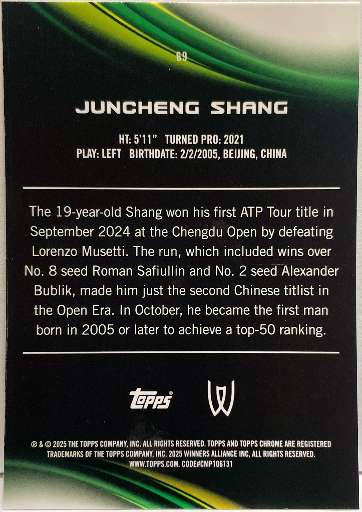 Juncheng Shang 130/199 Aqua Topps Chrome Tennis 2025