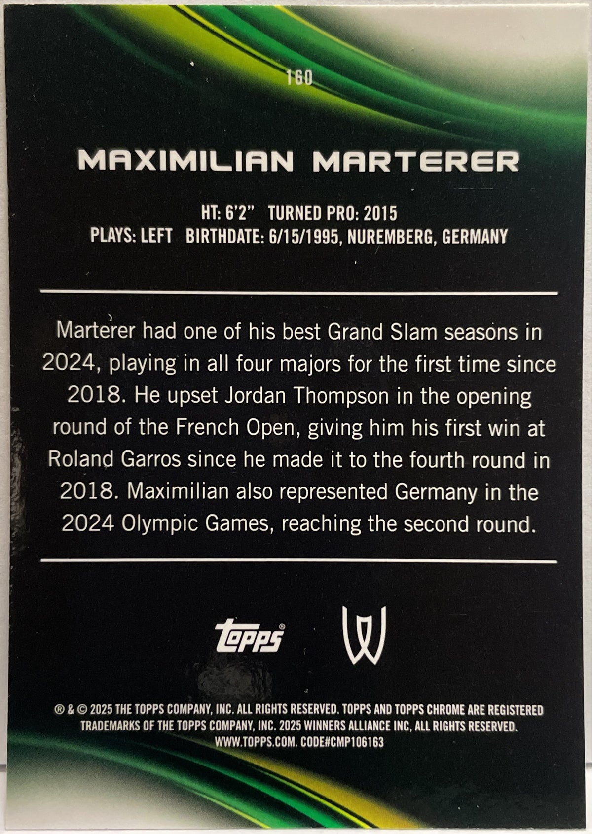 Maximilian Marterer 198/199 Aqua Topps Chrome Tennis 2025