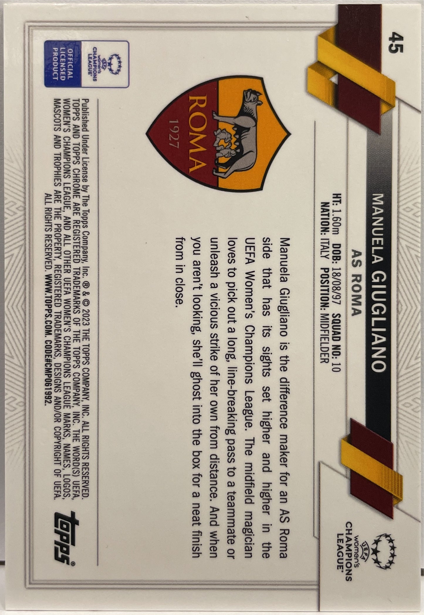 Manuela Giugliano 7/10 Rookie Black Topps Chrome UCC 2022/23