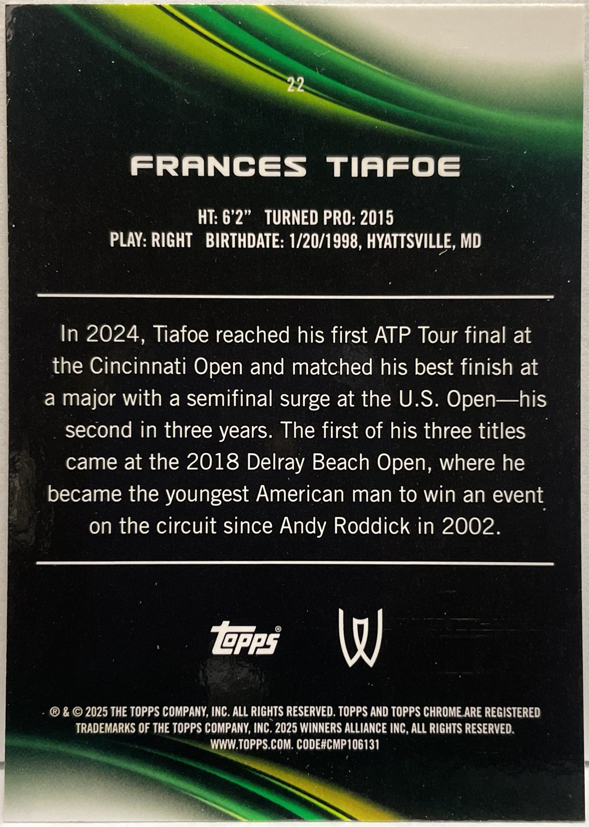 Frances Tiafoe 43/199 Aqua Topps Chrome Tennis 2025