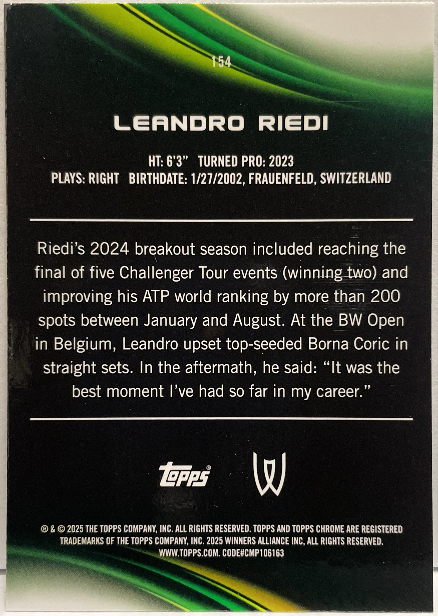 Leandro Riedi 175/199 Aqua Topps Chrome Tennis 2025