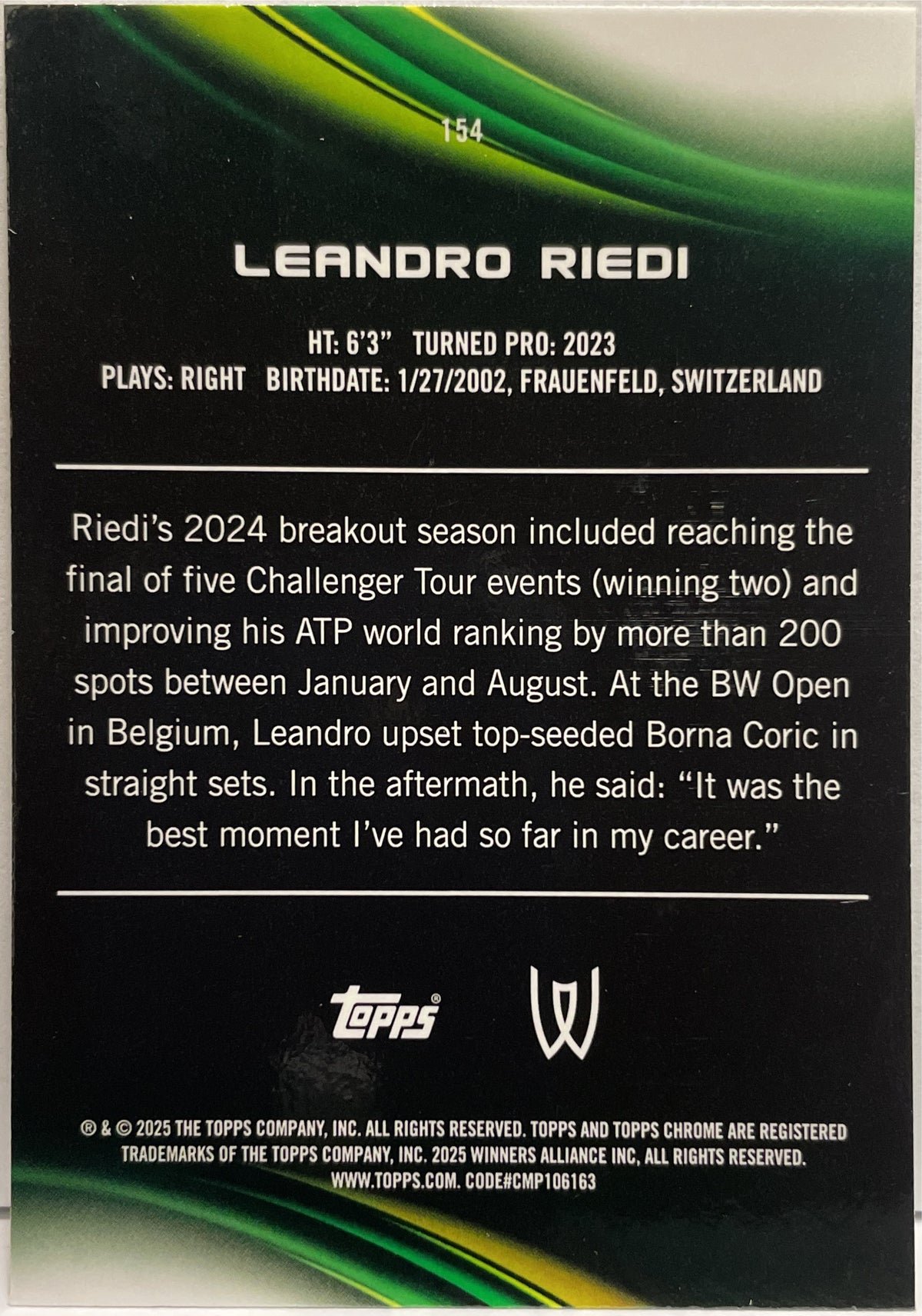 Leandro Riedi 119/199 Aqua Topps Chrome Tennis 2025