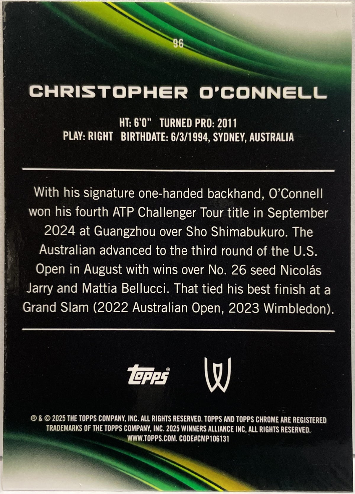 Christopher O'Connell 78/199 Aqua Topps Chrome Tennis 2025