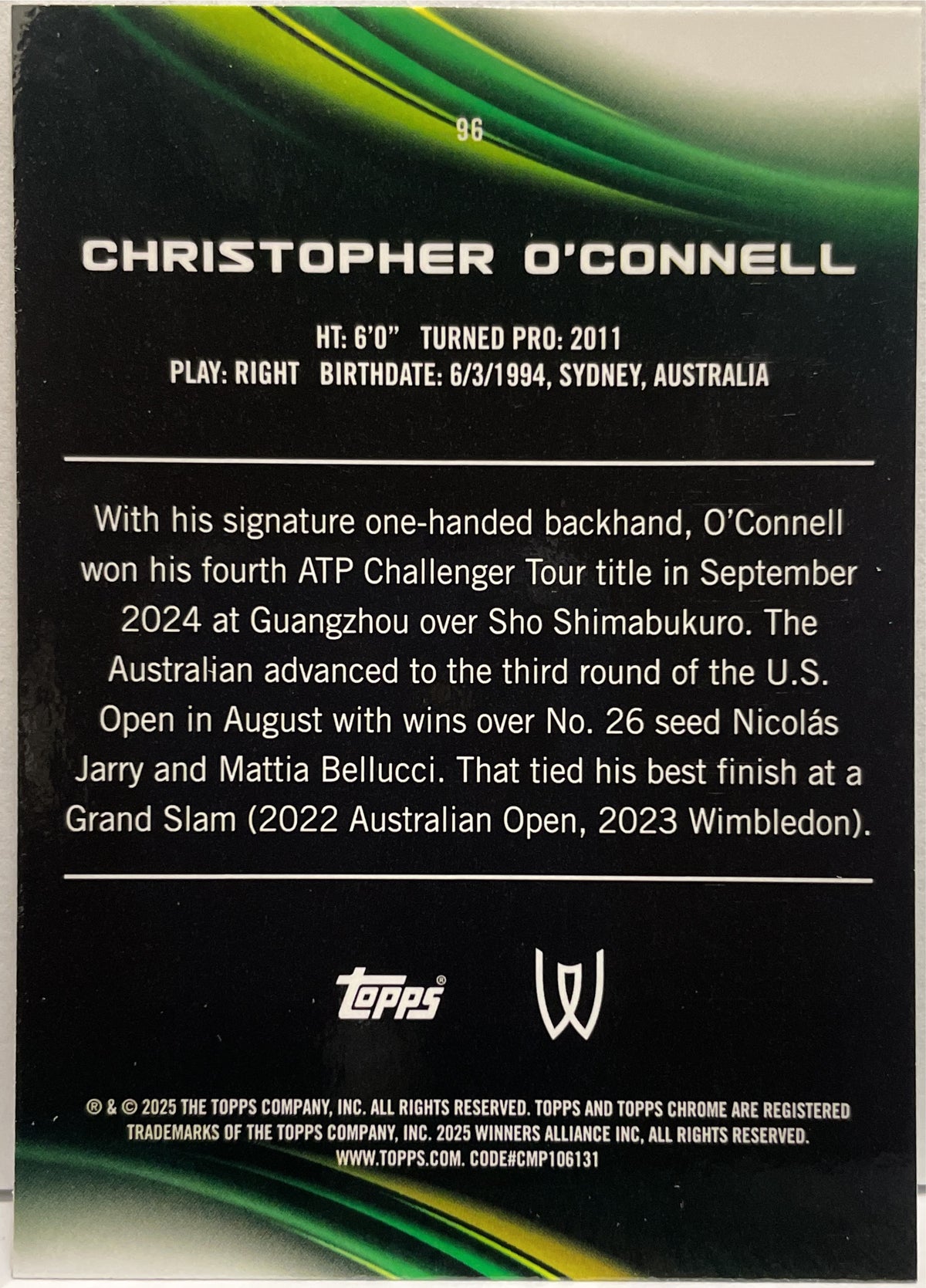 Christopher O'Connell 109/199 Aqua Topps Chrome Tennis 2025