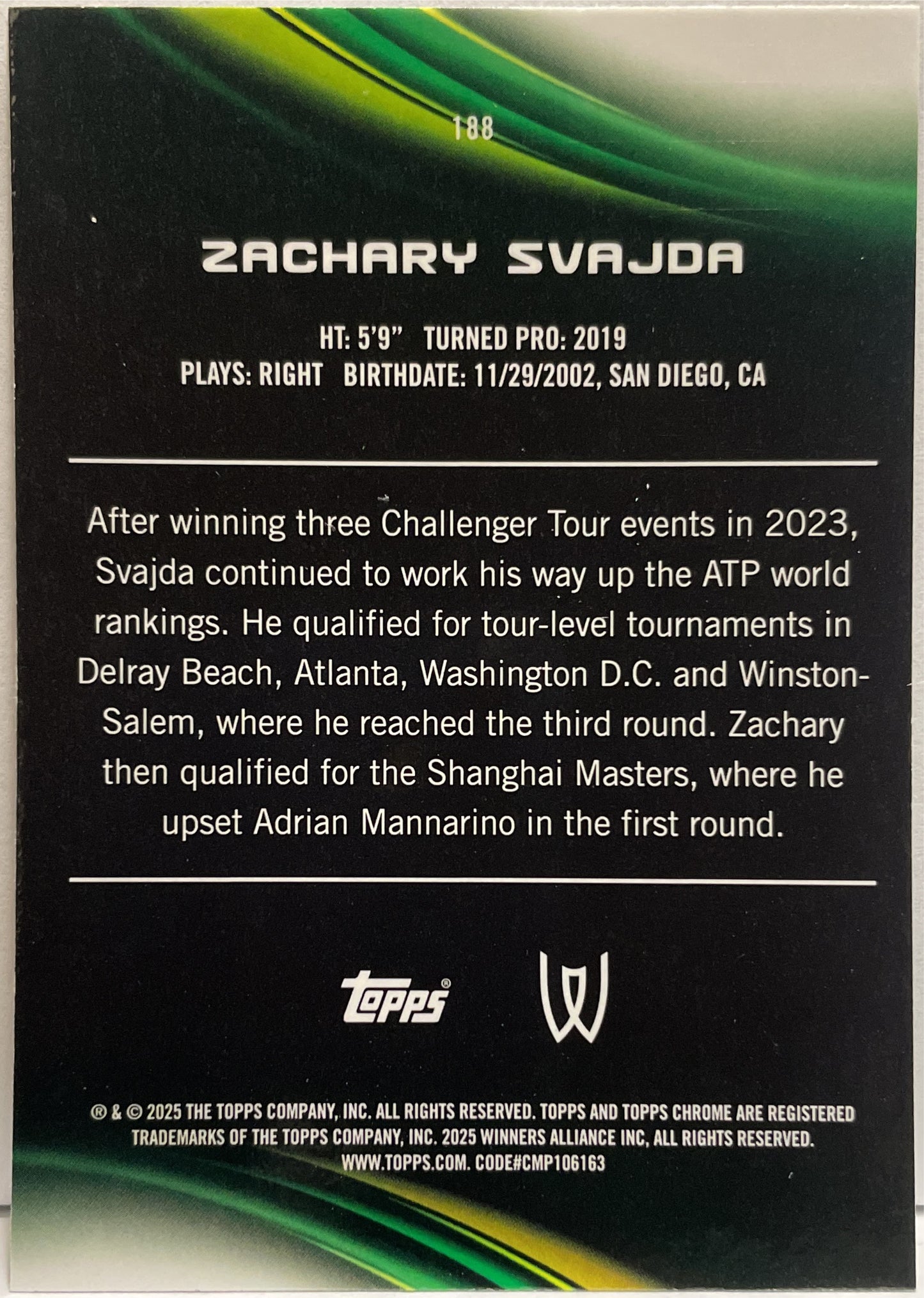 Zachary Svajda 134/199 Aqua Topps Chrome Tennis 2025