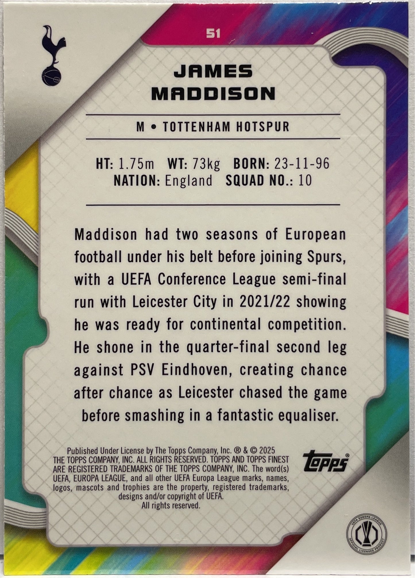James Maddison 97/275 Sky Blue Topps Finest UCC 2024/25