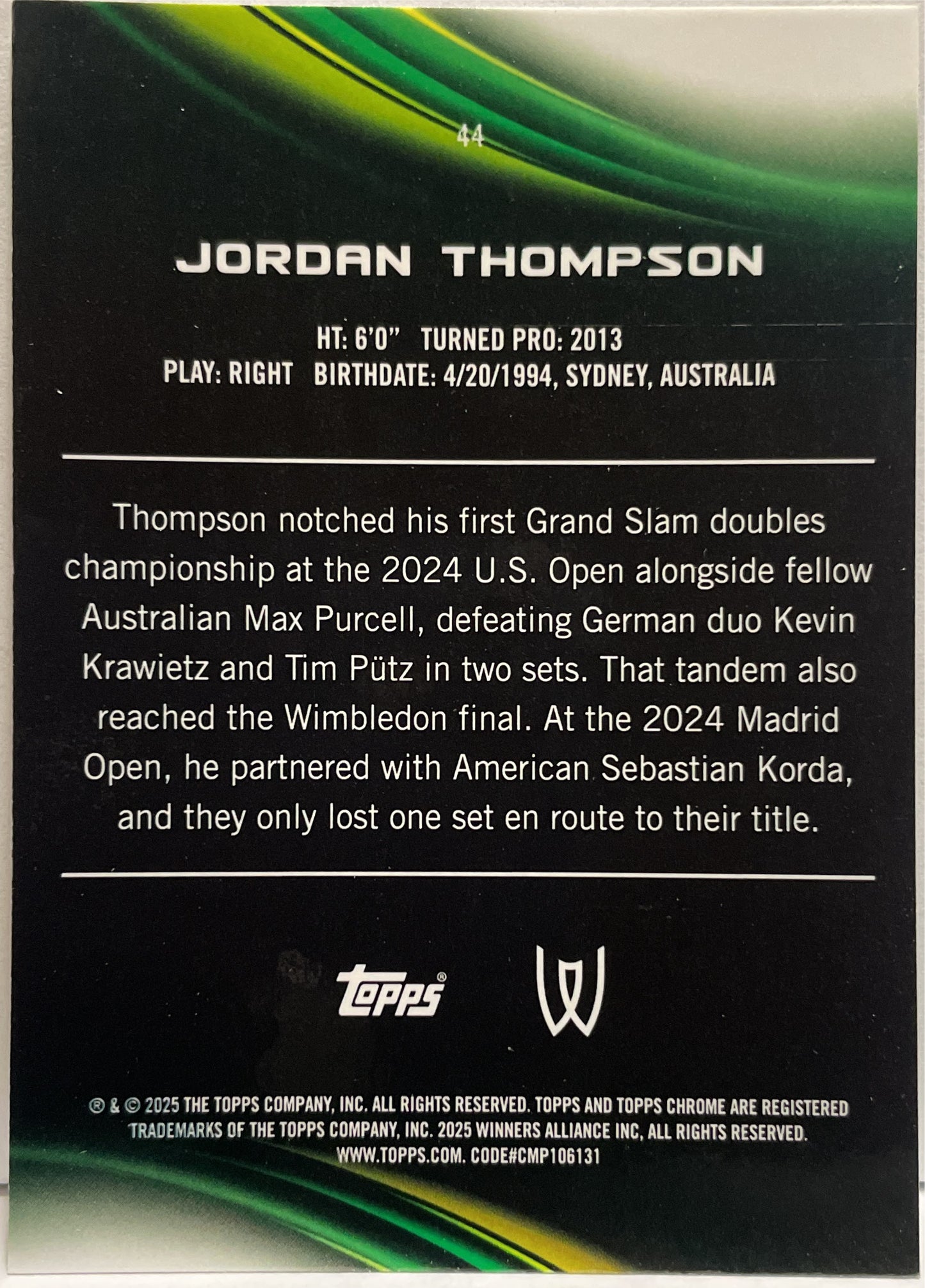 Jordan Thompson 97/199 Aqua Topps Chrome Tennis 2025