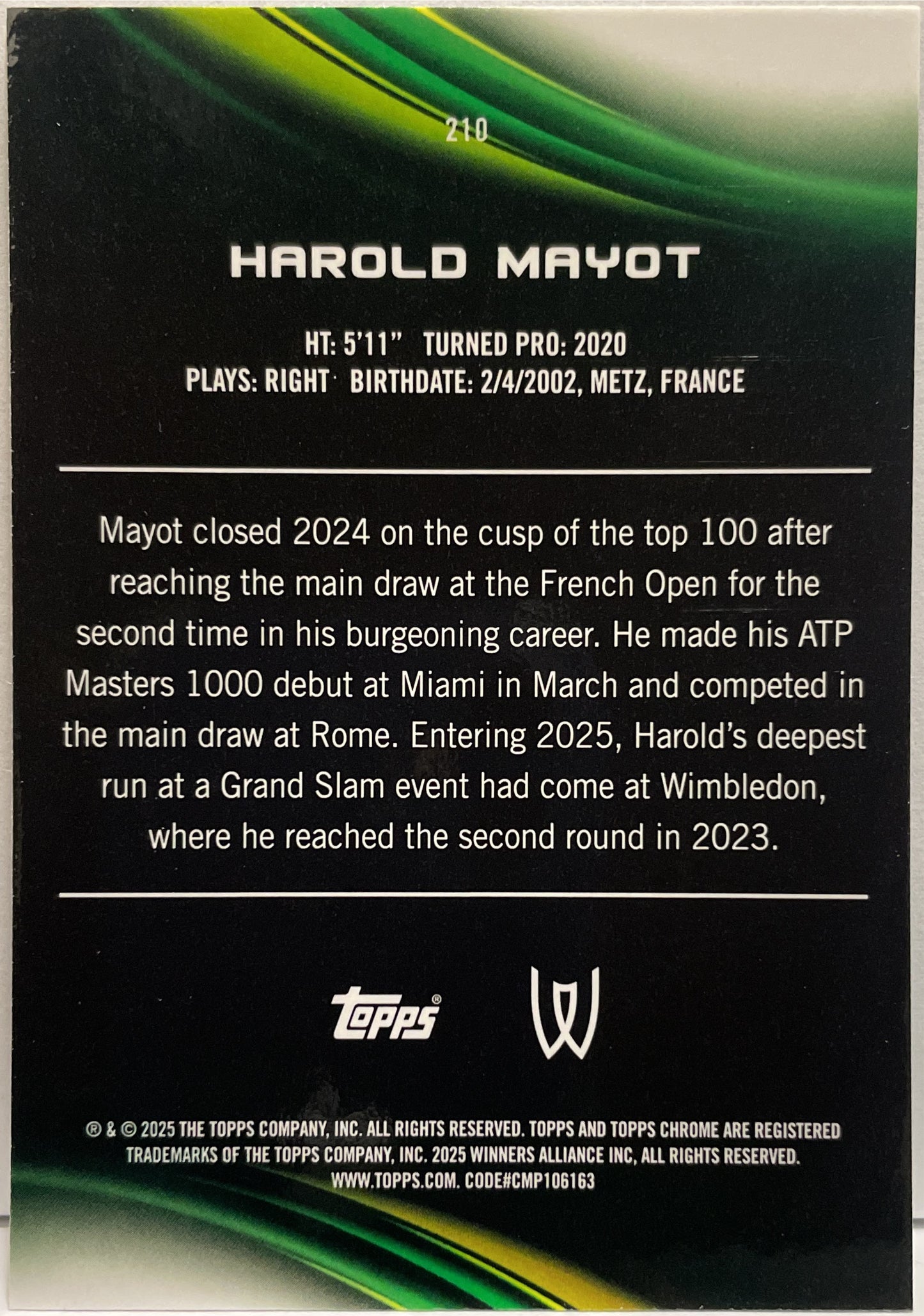 Harold Mayot 31/199 Aqua Topps Chrome Tennis 2025
