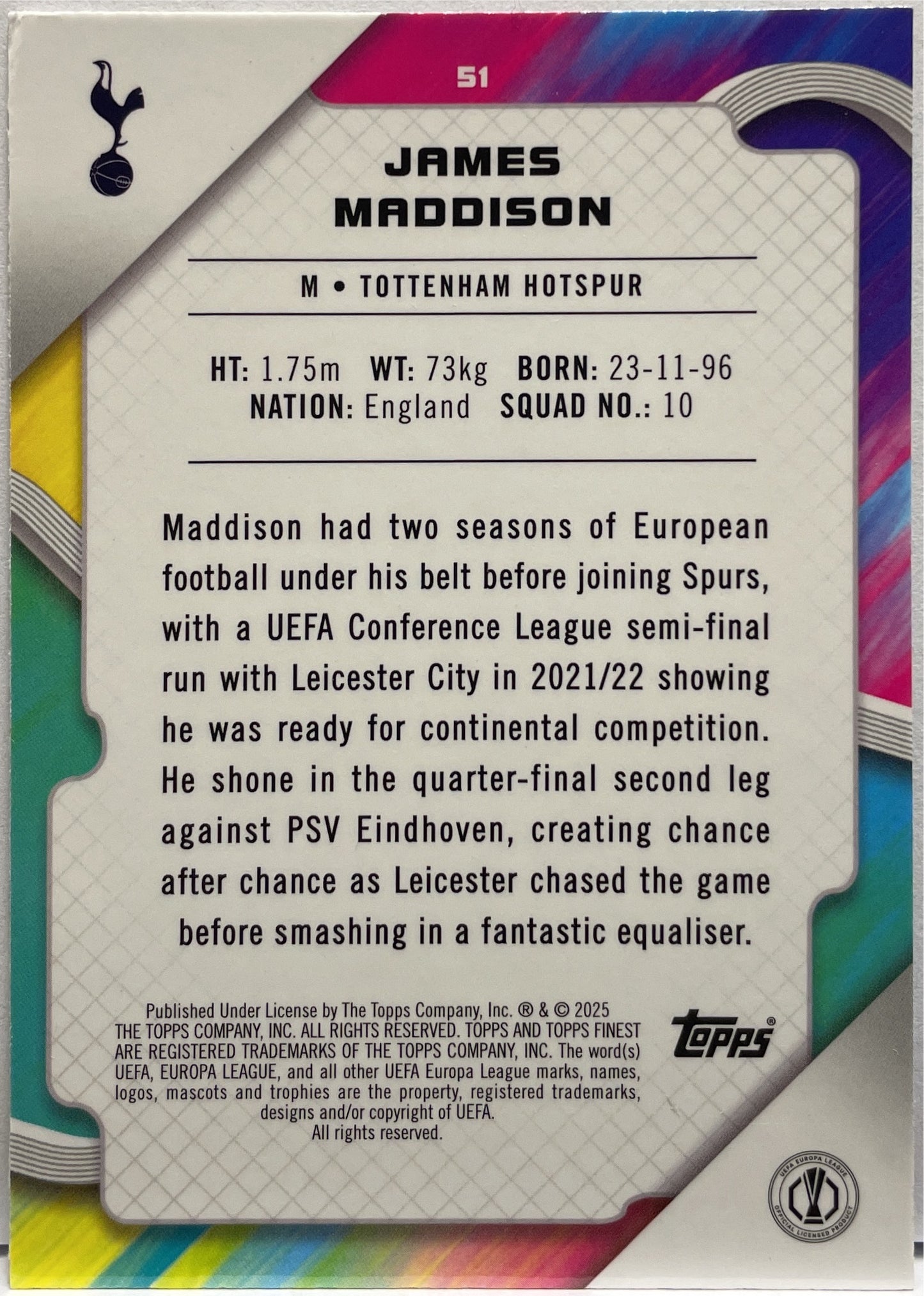 James Maddison 136/150 Blue RayWave Topps Finest UCC 2024/25