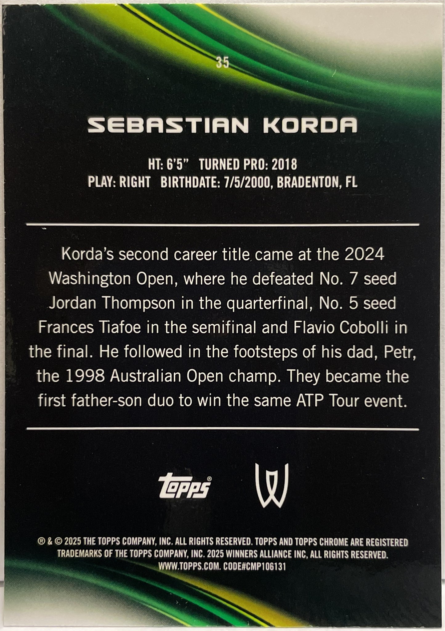 Sebastian Korda 73/199 Aqua Topps Chrome Tennis 2025