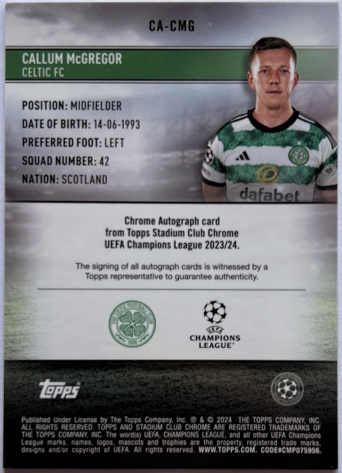 Callum McGregor Autograph Topps Stadium Chrome 2023/24