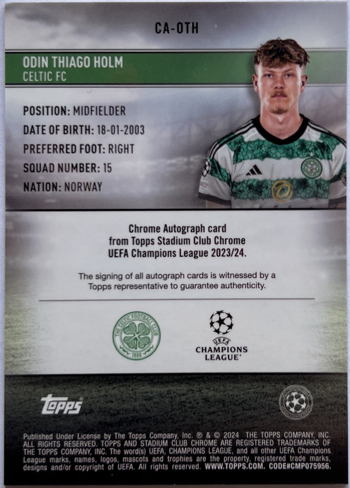 Odin Thiago Holm Rookie Autograph Topps Stadium Chrome 2023/24